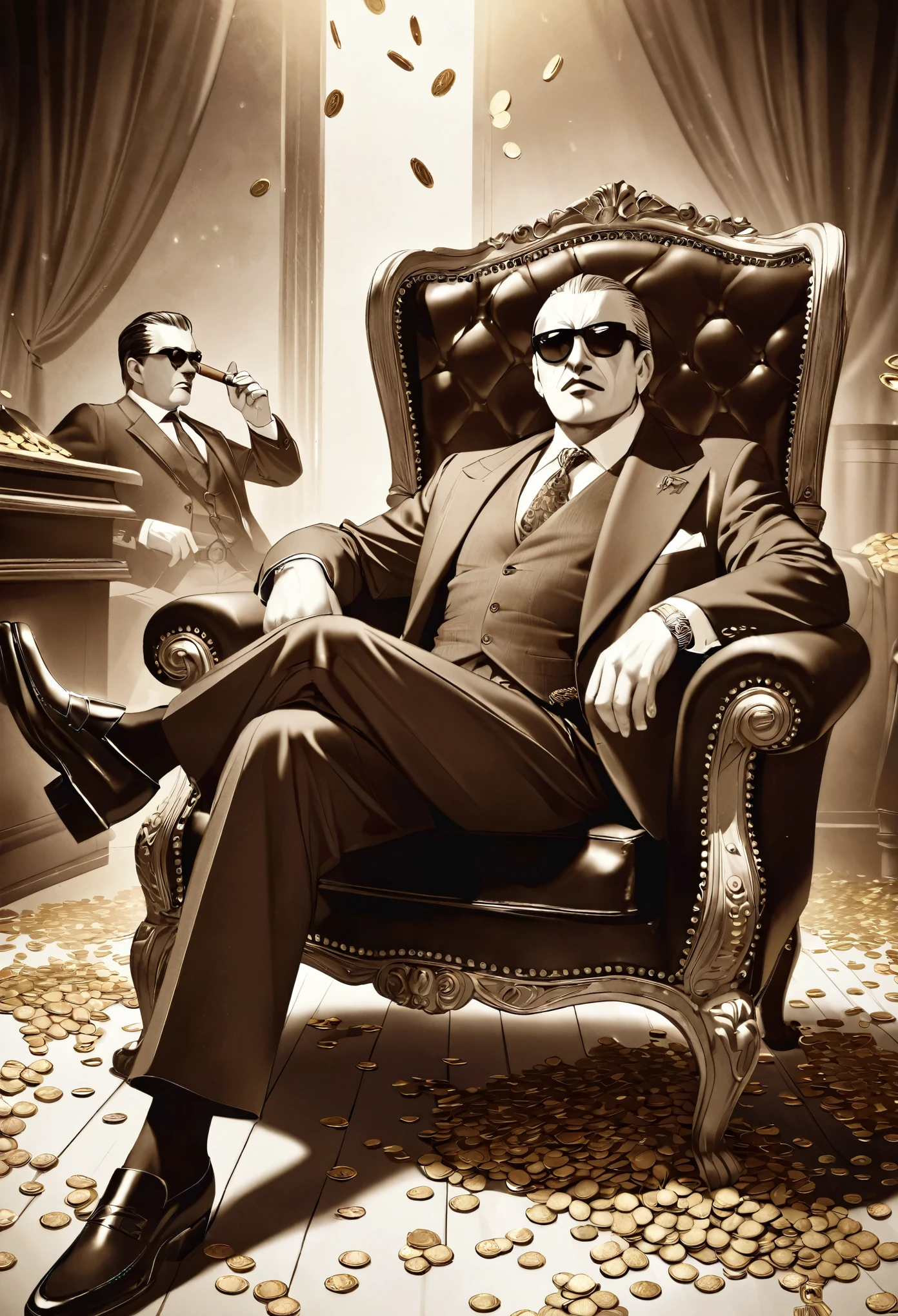 Wear sunglasses, An old Dalmatian dog with a cigar and a mafia boss sitting in an armchair, Gold coins falling from the sk, Vintage Sepia Photography,