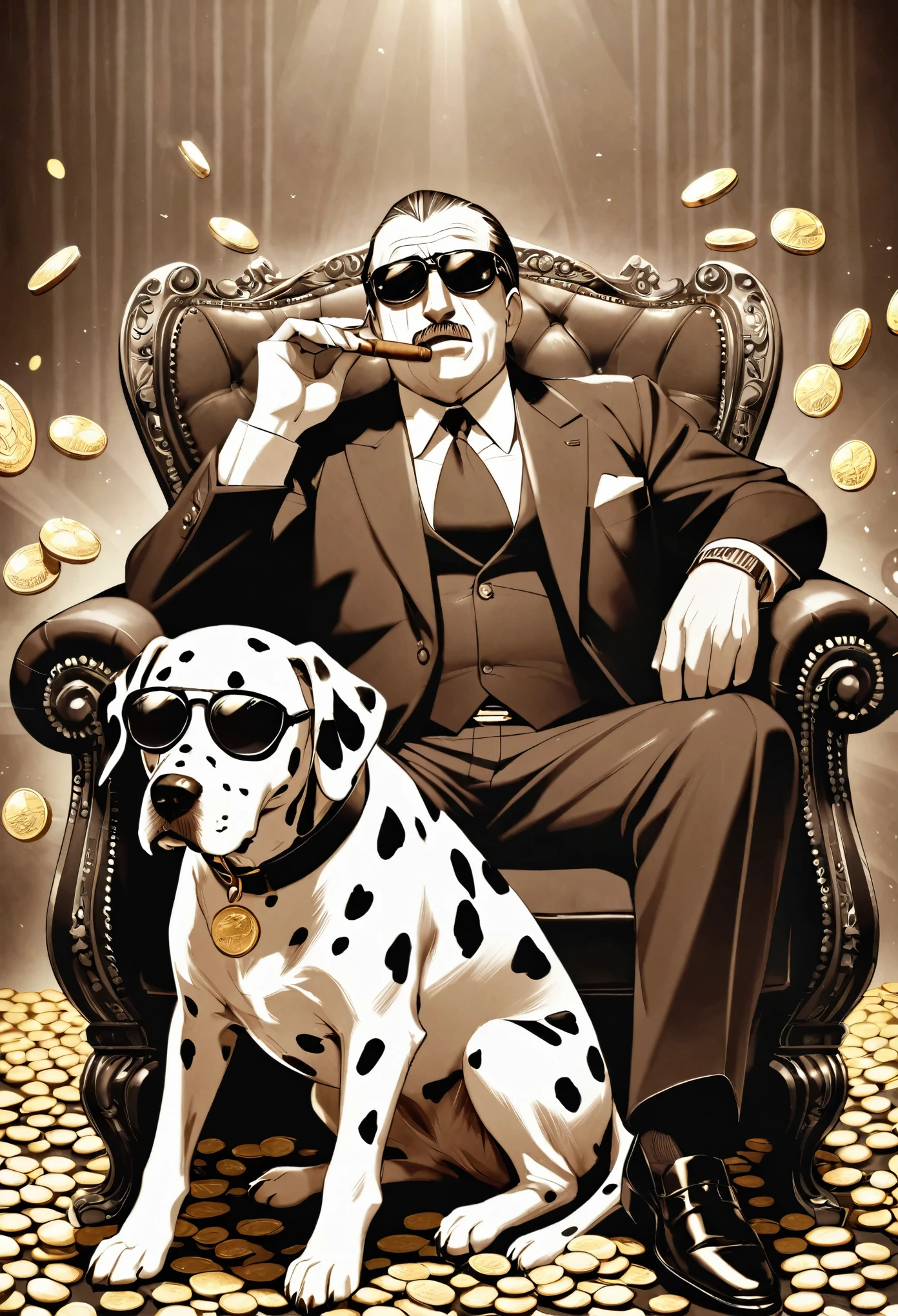 Wear sunglasses, An old Dalmatian dog with a cigar and a mafia boss sitting in an armchair, Gold coins falling from the sk, Vintage Sepia Photography,