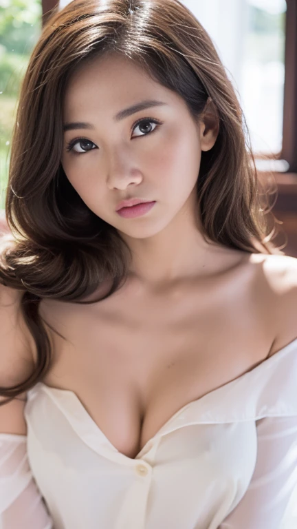 realistic, Highly Detailed CG Integrated 8 thousand Dendenden Wallpapers, Detail, High-quality RAW color photos, professional photography, (8 thousand, RAW photos, best quality:1.2), (realistic, realistic: 1.37), (open shoulder blouse:1.5), transcendent beauty, young and cute, glowing skin, small medium bust, half exposed chest, (cleavage of breasts:1.2), (fair face:1.2), Ergonomic, reality, realistically, (a scene from a movie:1.4), circle lens, young woman,
