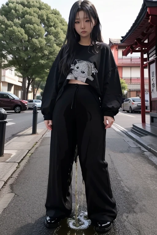 Japanese Girl sees the ghost and pees her black palazzo pants until her pants are wet in fright.