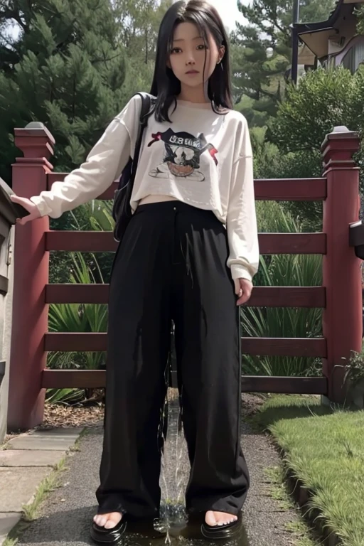 Japanese Girl sees the ghost and pees her black palazzo pants until her pants are wet in fright.