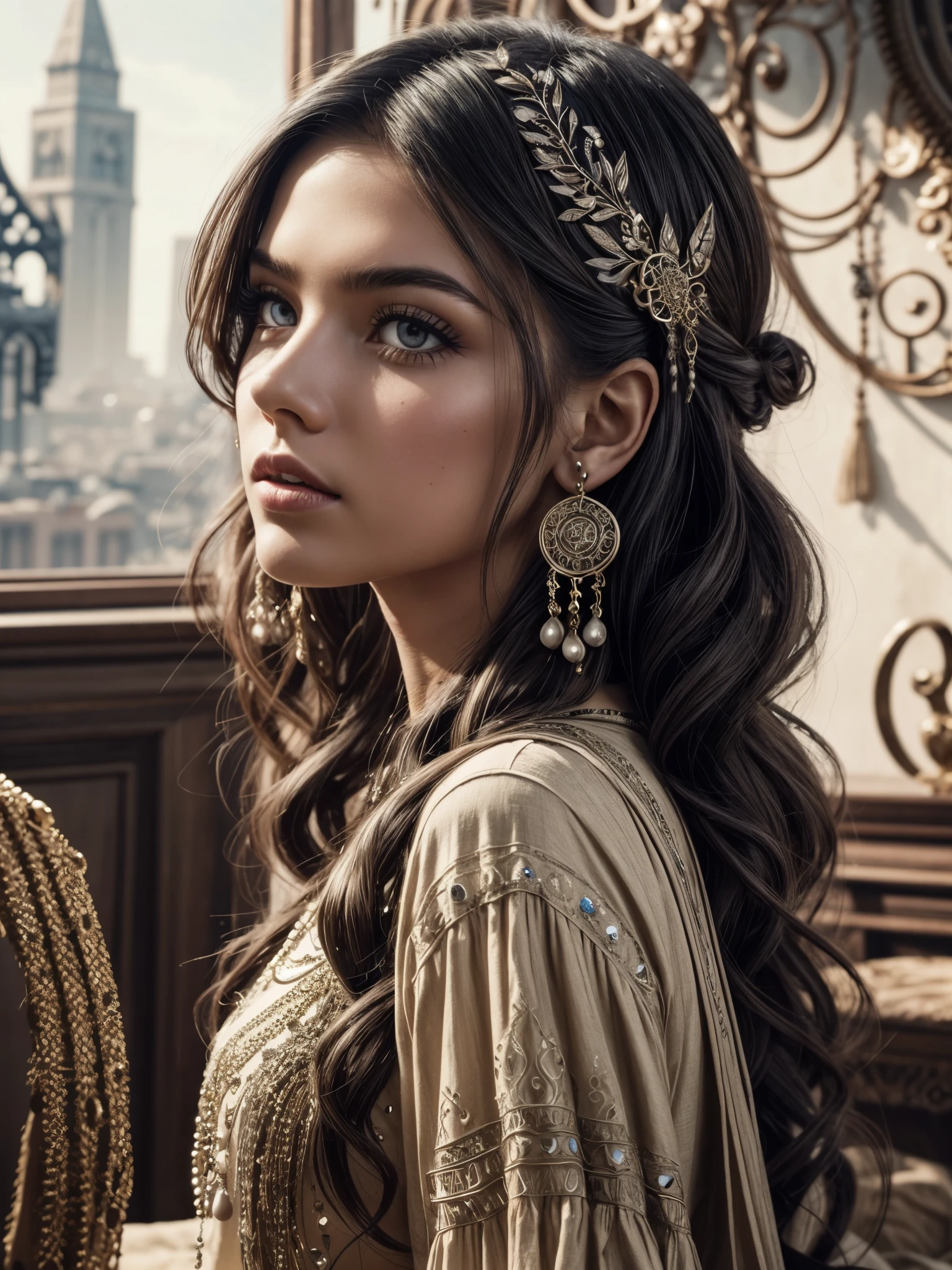 1girl, detailed face, from side, very long curly hair, gypsy clothing style, bohemian design, cinematic scene, starshape accessories, intricate super details, maximalist interior design, looking at viewer,