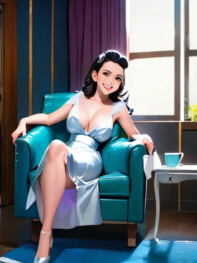 arafed woman in a silver dress laying on a white chair, a colorized photo by Stan Galli, flickr, pop art, in a silver silk robe, 1950s, 1 9 5 0 s, 1 9 4 0 s, 1940s, 1950’s, circa 1940s, 1 9 5 0's