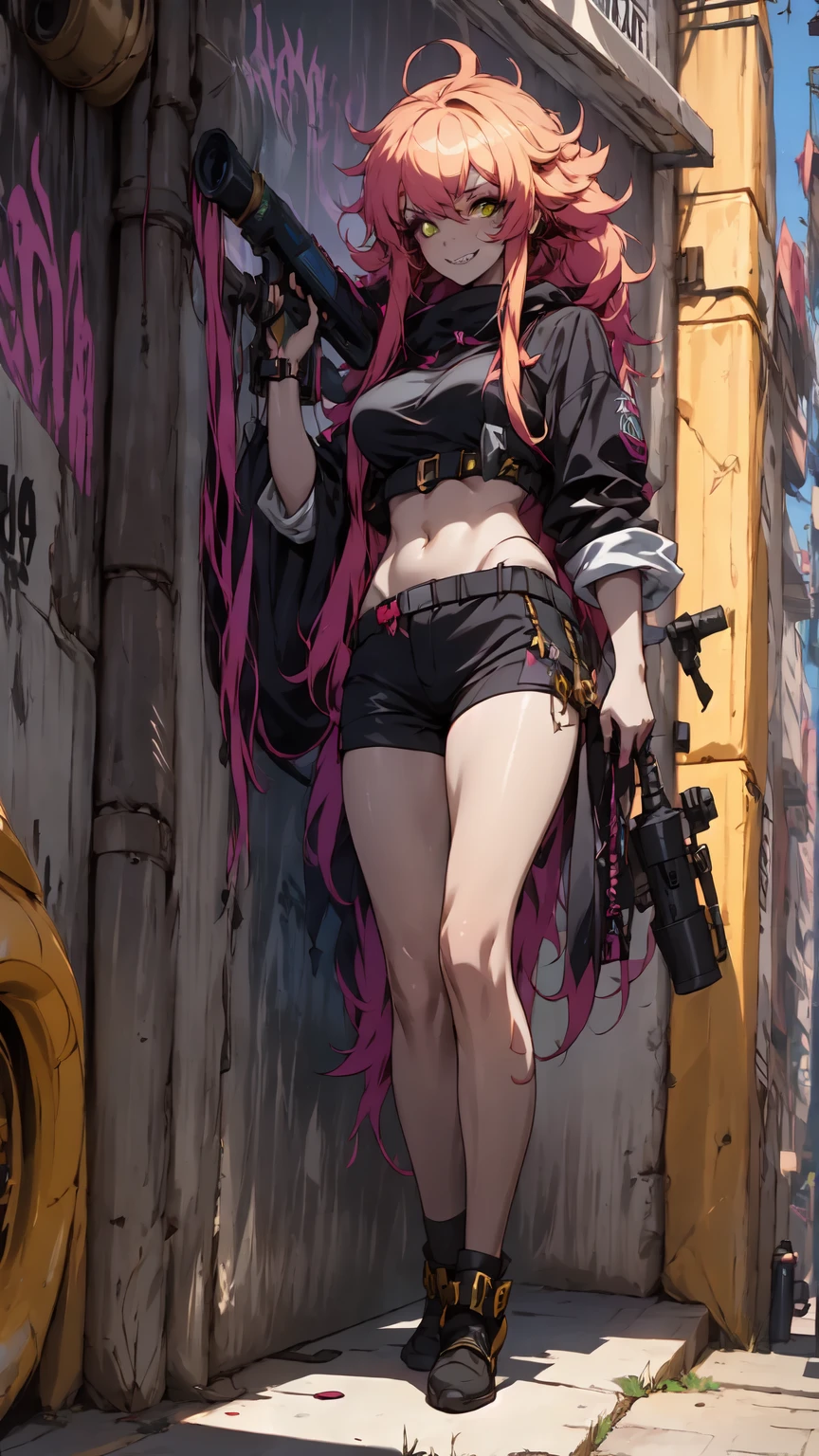 ((long shot, full body: 1.6)), purple: 1.5, orange: 1.1, green: 1.3, White: 1.3, yellow: 1.3, (rapper girl with scary hair, highly detailed eyes and body and beautiful baggy and baggy clothes :1.6), tattoos, (walls with Graffiti: 1.2), flower, Leaves, born in the mist, lines, leaning on the wall with a spray paint in her hand, action pose, 32K.