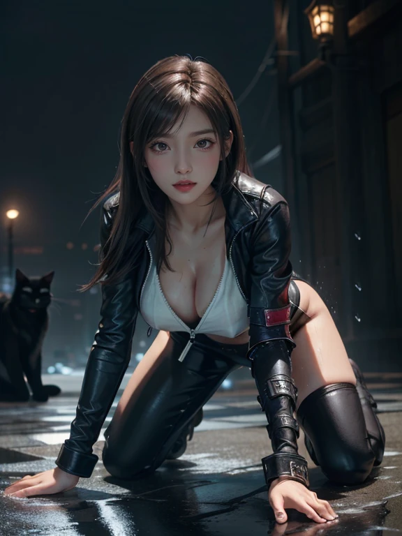 (highest quality, masterpiece: 1.1), (Realistic: 1.3), break (((ff7,Tifa_Lockhart))),(Tifa_Lockhart and monsters),(dark, A barely lit torture chamber:1.3,Wet:1.2,night:1.1),(Face Focus:1.1),On all fours:1.2, break (((ff7,Tifa_Lockhart))),(Light brown hair, Big Breasts:1.5),(Black catsuit:1.3,Silver Zip,Zip Down:1.8,pubic hair:1.3), break (((ff7,Tifa_Lockhart))),(Shiny oily skin: 1.1),(Hordes of monsters:1.3),(Lots of monsters:1.2), ((stringy viscous liquid)),(No bra),(No pants),Wet hair, 20-year-old,Sensual, (Body sweating:1.3),(Sexy pose:1.2),I want to make love with you, heavy rain ,(雨にWet体: 1.3), (Bodysuit with water drops: 1.3), (雨にWet髪: 1.3) , (雨にWet前髪: 1.3), (雨にWetキャットスーツ: 1.3) , (whole body:1.8)