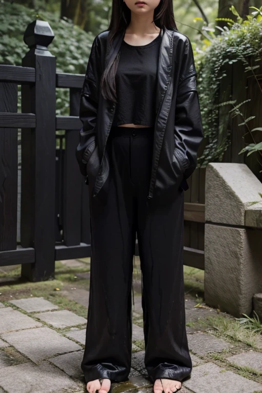 Japanese Girl sees the ghost and pees her black palazzo pants until her pants are wet in fright.