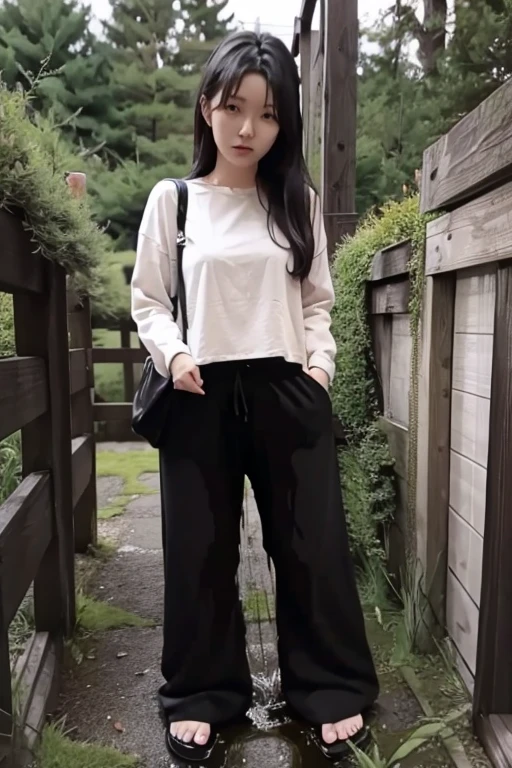 Japanese Girl sees the ghost and pees her black palazzo pants until her pants are wet in fright.