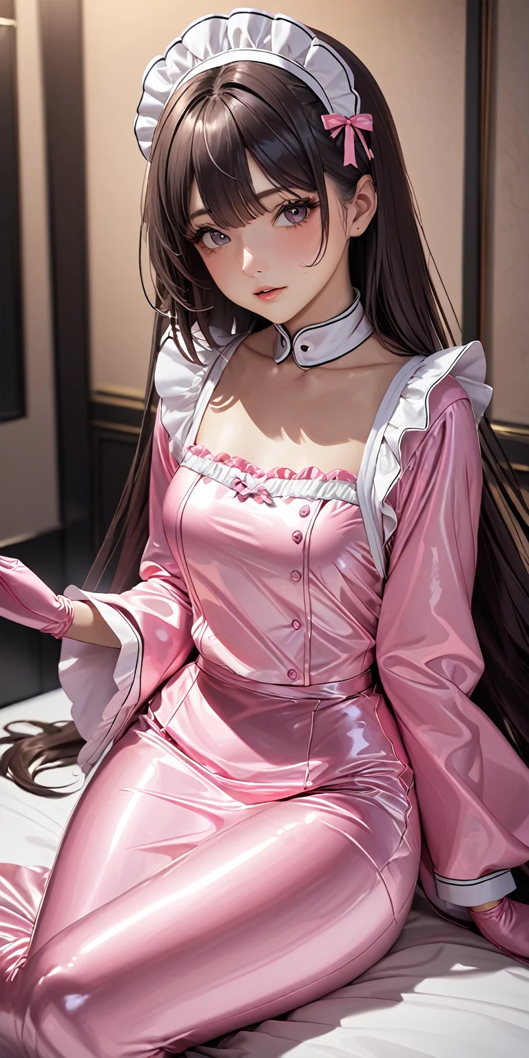 (masterpiece,highest quality,超A high resolution),Japanese women, (((Very beautiful 25 year old girl))),(Pink super shiny satin maid uniform)、Pink satin mermaid skirt、(Pink super shiny satin long sleeve shirt)、Pink satin gloves、The clothes fit snugly to the body、Satin is very shiny.、Dark Room