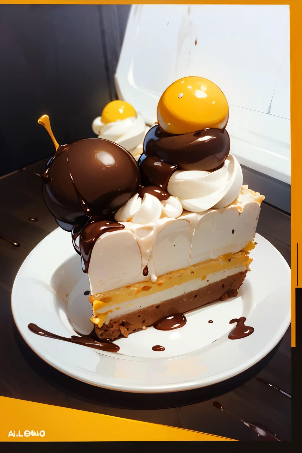 un postre de dos color una capa de torta negra (color cafe oscuro) la otra una torta con semillas de girasol (color amarillo palido ) y un relleno de dulse de cafe un poco fuerte ese sabor( el reyeno se ve) and with icing sugar decoration (es polbo como nieve) y cafe en grano cubierto de chocolate (por encima ) y en un plato blanco cuadrado el postre se be por un lado como un colasch