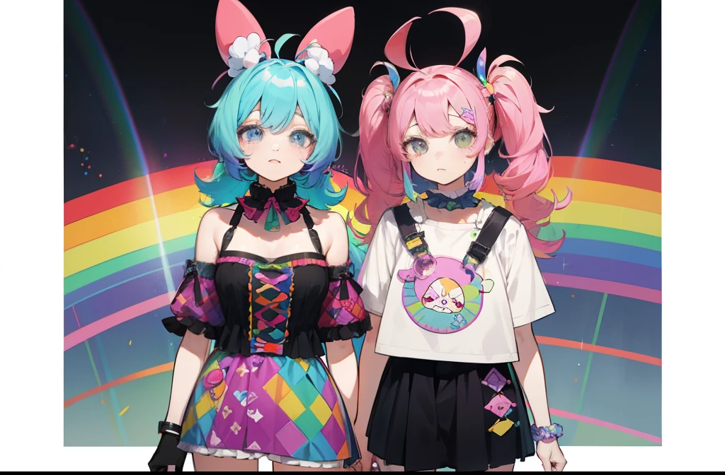 there are two women in costumes standing next to each other, y 2 k cutecore clowncore, rainbows in the background, rainbow bg, rainbowcore, decora inspired illustrations, decora inspired, lgbt art, nixeu and sakimichan, kda and sam yang, e - girl, e-girl, sakimichan and frank franzzeta