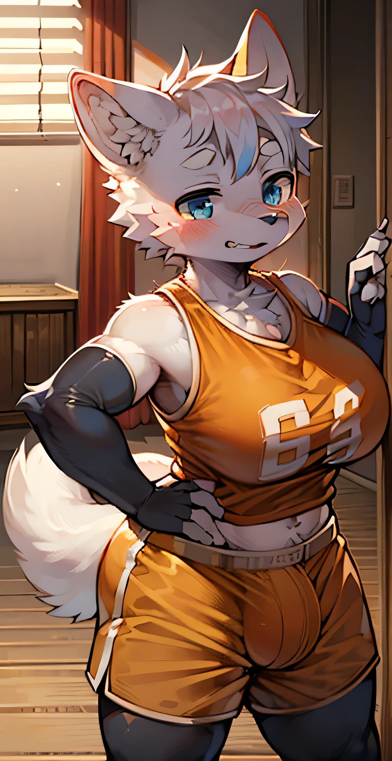 Masterpiece, high quality, absurd resolution, digital painting, (artwork), ((by dagasi)), (fluffy fur: 1.1), (brightness: 0.8), anthro male wolf, (blue eyes, white fur, full body fur, wolf nose: 1.2), bright eyes, panorama, character focus. Detailed background, (yellow basketball jersey, short pants), (indoor, bedroom, standing: 1.2),BIG_BREASTS, breasts focus, boy, (Huge bulge),(Normal body structure), Upper body close-up, (adult),(crotch bulge),wide shoulders,musculature,narrow hips,jaw line,normal bulge structure,Black socks,(elbow gloves)