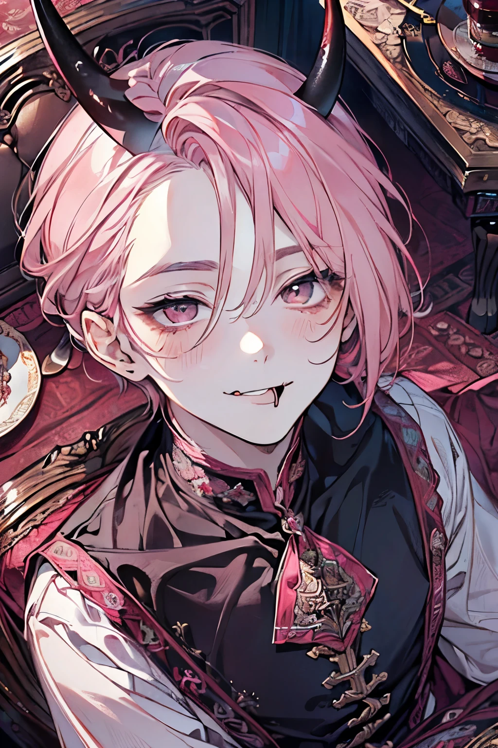 Male demon boy with pink hair, piercings, green eyes, and black leather. upper body only visible in camera view. Head resting on hand. Multiple rings on fingers and chains on outfit.