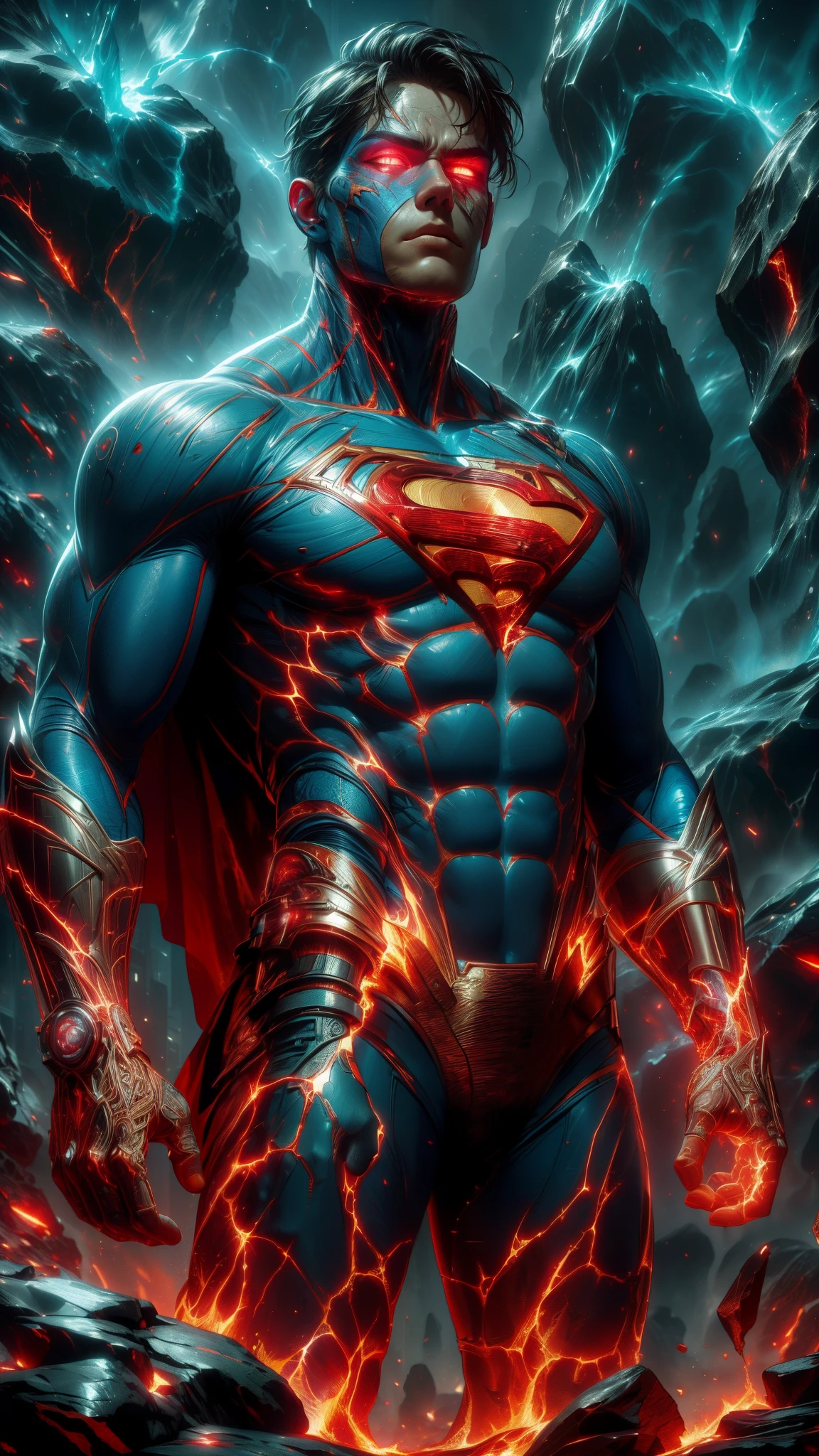 (absurdres, highres, ultra detailed)(masterpiece), (extremely intricate:1.3), (realistic),cyberpunk city,Cinematic Lighting,4k,(masterpiece), (1super man:1.2),upper body,nvwashireg, burnt clothes,(glowing skin:1.3),(((molten rock skin)))