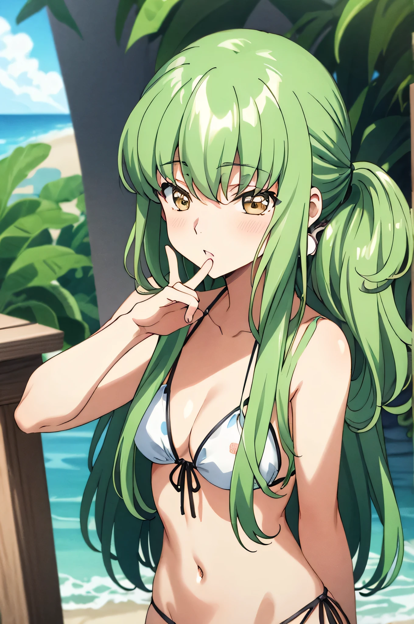 Seaside、White fluffy bikini、solo、Make your face clear、Green hair color、Cheeks are a little red、The gesture of tucking hair behind the ear