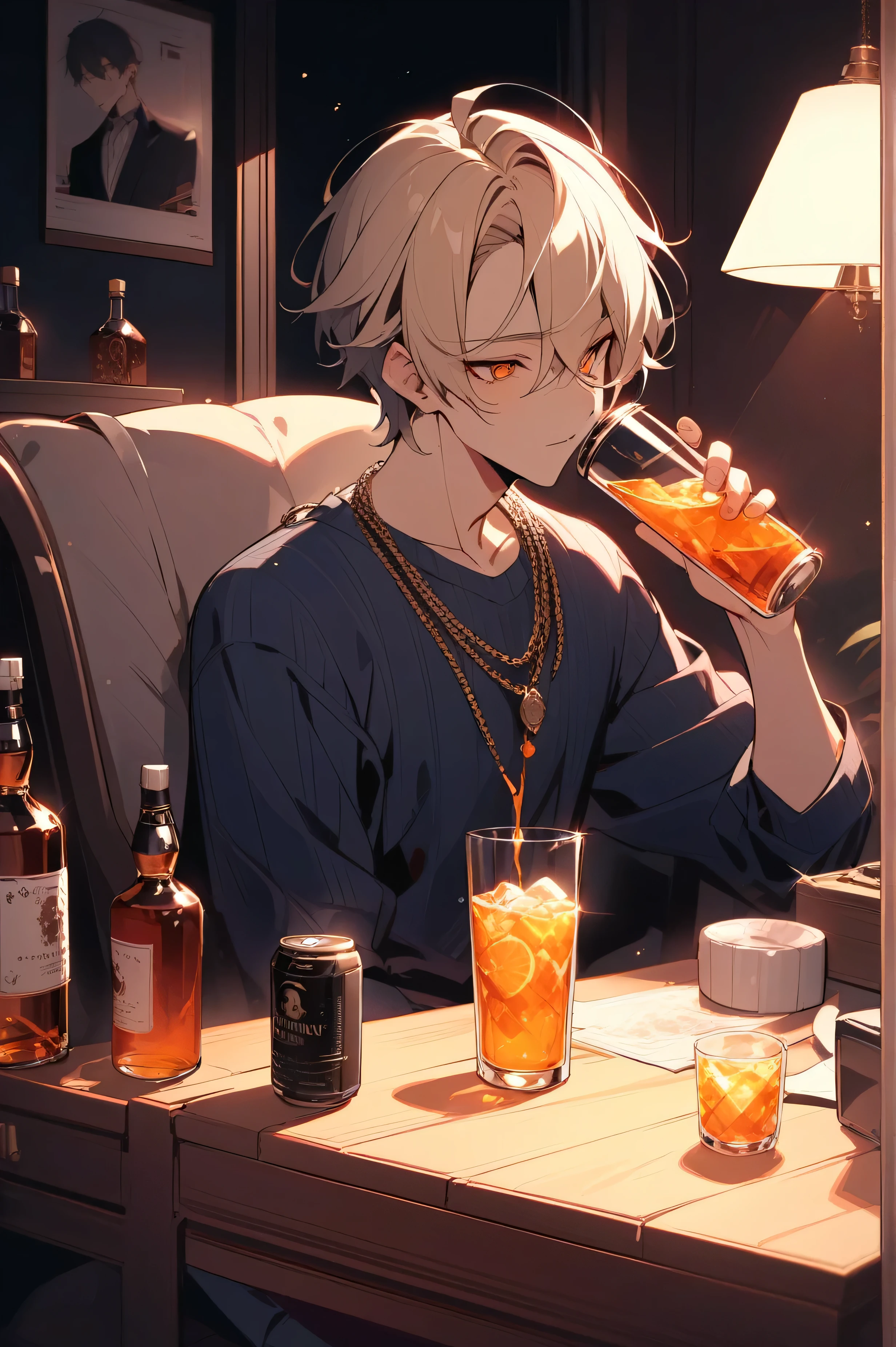 Long, narrow eyes, A young man with blond, short hair and orange, almond-shaped eyes is dressed casually. He is seated at a table, which is lined with various bottles and cans of liquor. He holds a glass in his hand and cozy lighting illuminates his features and his drink. He is recording an ASMR session, with a high-quality microphone capturing the sounds of pouring and drinking drinks, creating a relaxed atmosphere