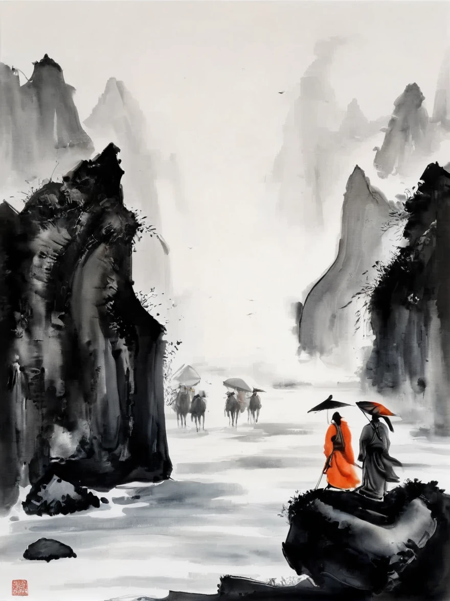 (Lots of white space:1.5),Lots of white space, White background, simple, Minimalism, abstract,Freehand,Aesthetic,black and white,Ink Painting,antiquity,This is just the tip of the iceberg,People from far away