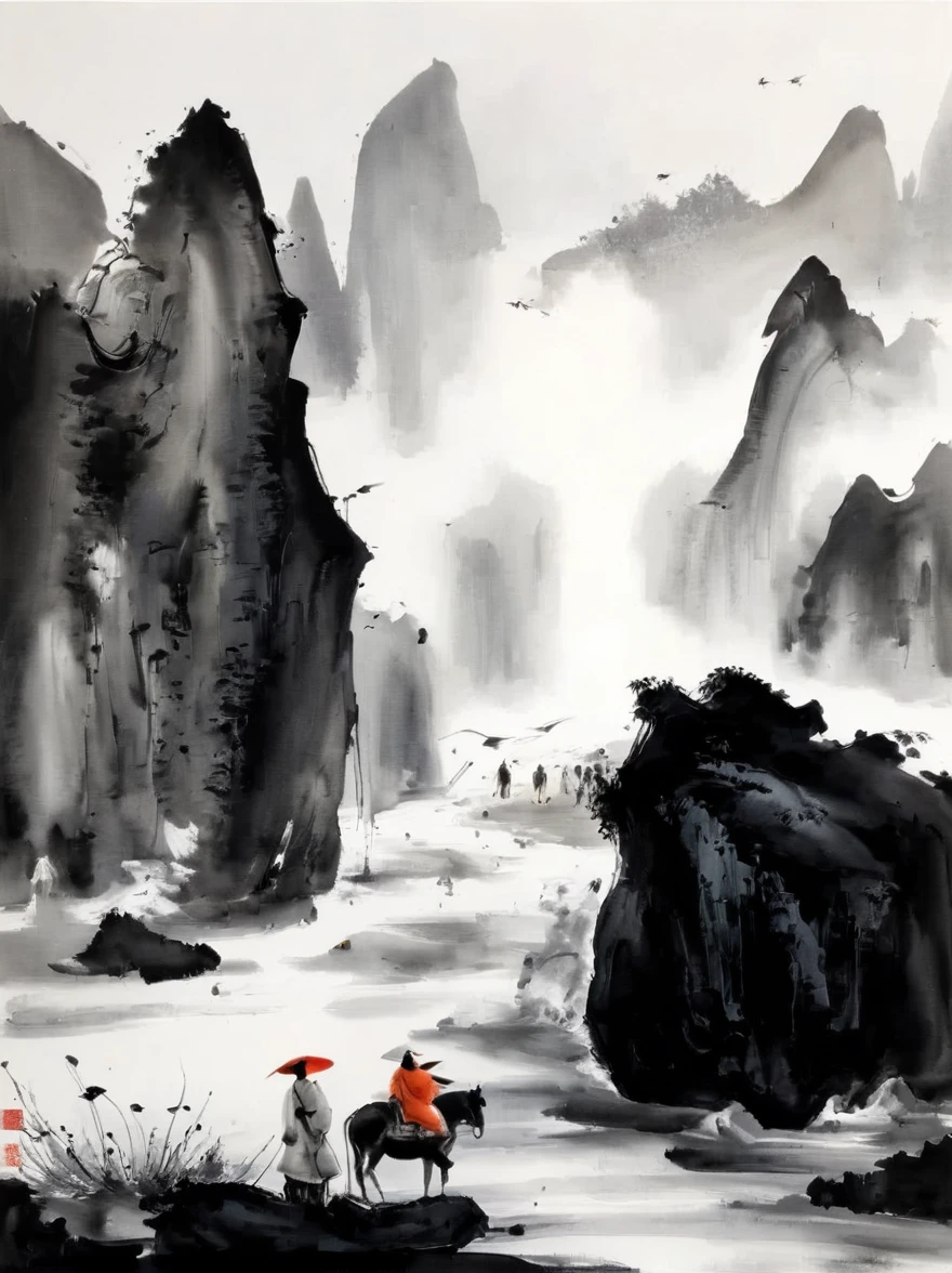 (Lots of white space:1.5),Lots of white space, White background, simple, Minimalism, abstract,Freehand,Aesthetic,black and white,Ink Painting,antiquity,This is just the tip of the iceberg,People from far away