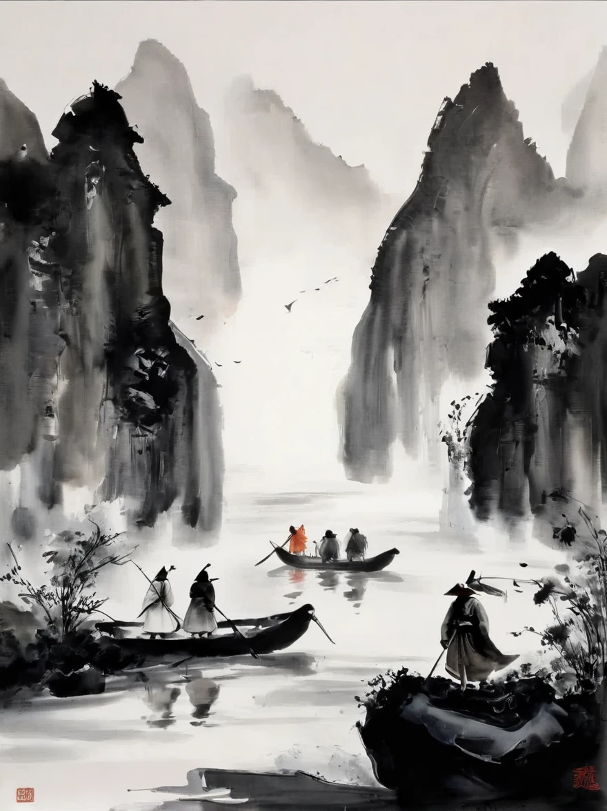 (Lots of white space:1.5)，Lots of white space, White background, simple, Minimalism, abstract,Freehand，Aesthetic，black and white，Ink Painting，antiquity，This is just the tip of the iceberg，People from far away