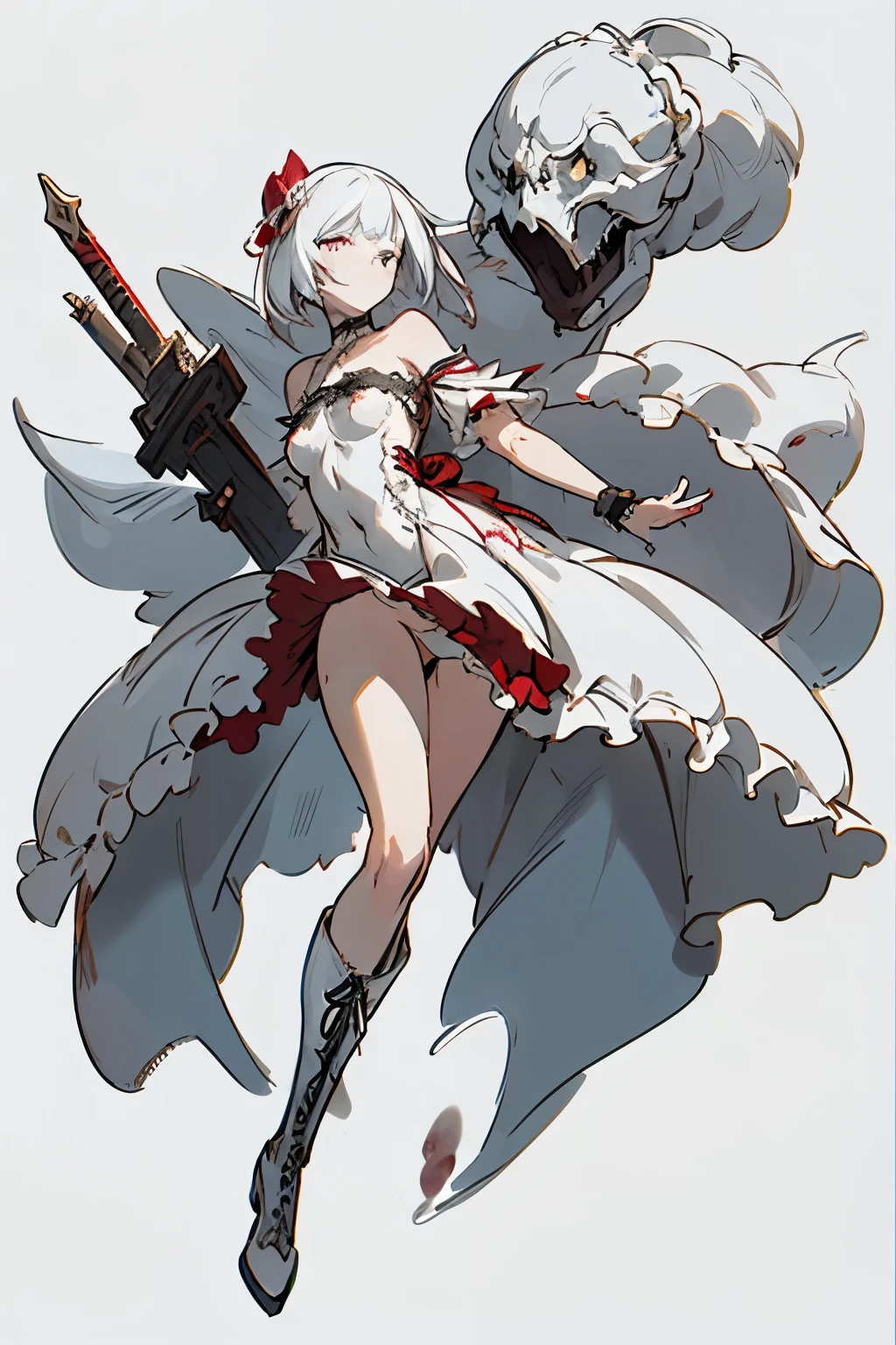 ((best quality)), ((masterpiece)), (detailed), 1girl, off-shoulder, blank white background, plain background, white background, red and white clothing, Bloodborne inspired, occult aesthetic, occult, detailed and intricate steampunk and detailed gothic, NSFW, Very dramatic and cinematic lighting, cosmic horror, grim-dark, side-lighting, perfect face, NSFW, Fluttering lace flared long knee length dress with frilly petticoats, knee length dress, pleated petticoats, ta dress, petticoats gothic lolicomplex lace boots, side-lighting, gothic lolita aetic, wielding a mighty sword with mechanical components, carbine, NSFW, beautiful small breasts, small breasts, full body, whole body, body, plain background, white background, blank background, no background, white background NSFW, chains, full body, whole body, head-to-toe NSFW