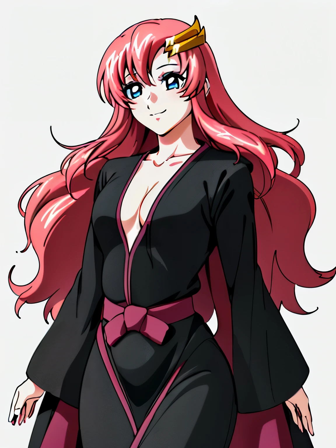 lacus4, (black abaya, running, thin girl, masterpiece, cowboy shot, 4K, Best Quality, Anime style: 1.9, happy, Adult Woman, (ultra detailed head), (Drawing lines, high resolution, lacus4), 1girl, Solo, curvy figure, Long hair, clavicle, scapular, (Detailed wide hair bangs, Hair Ornament, Detailed reddish-pink hair, shiny streaks, very wet body, slim arms), large hands, (hair cover shoulders). (Big blue eyes, shiny eyes), ((female wrestler, (slim body))), ((perfect proportions, long mid section)), ((black abaya, small cleavage)), smile with a wink, (standing, hot colors), detailed fingers, (background: simple white background only)