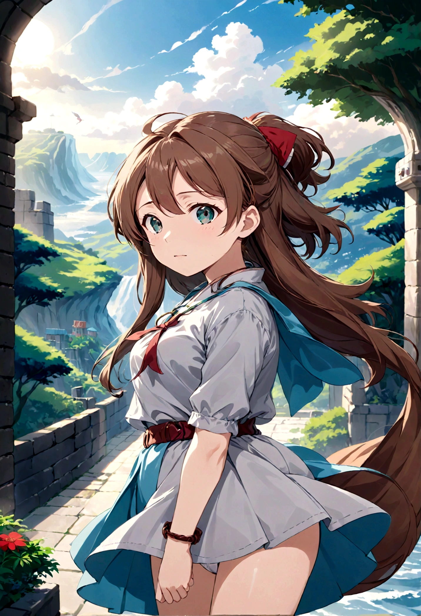 Yuuki Asuna low angle、Long skirt、Hold down your skirt that is being blown up by the strong wind、The strong wind is showing her white cotton panties、