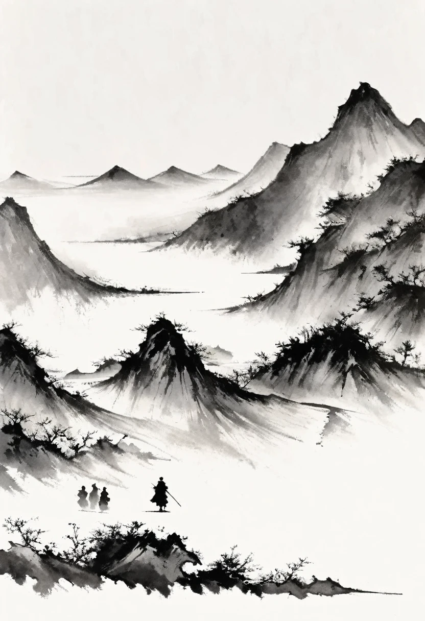 (Lots of white space:1.5)，Lots of white space, White background, simple, Minimalism, abstract,Freehand，Aesthetic，black and white，Ink Painting，antiquity，Mountain，People in the distance