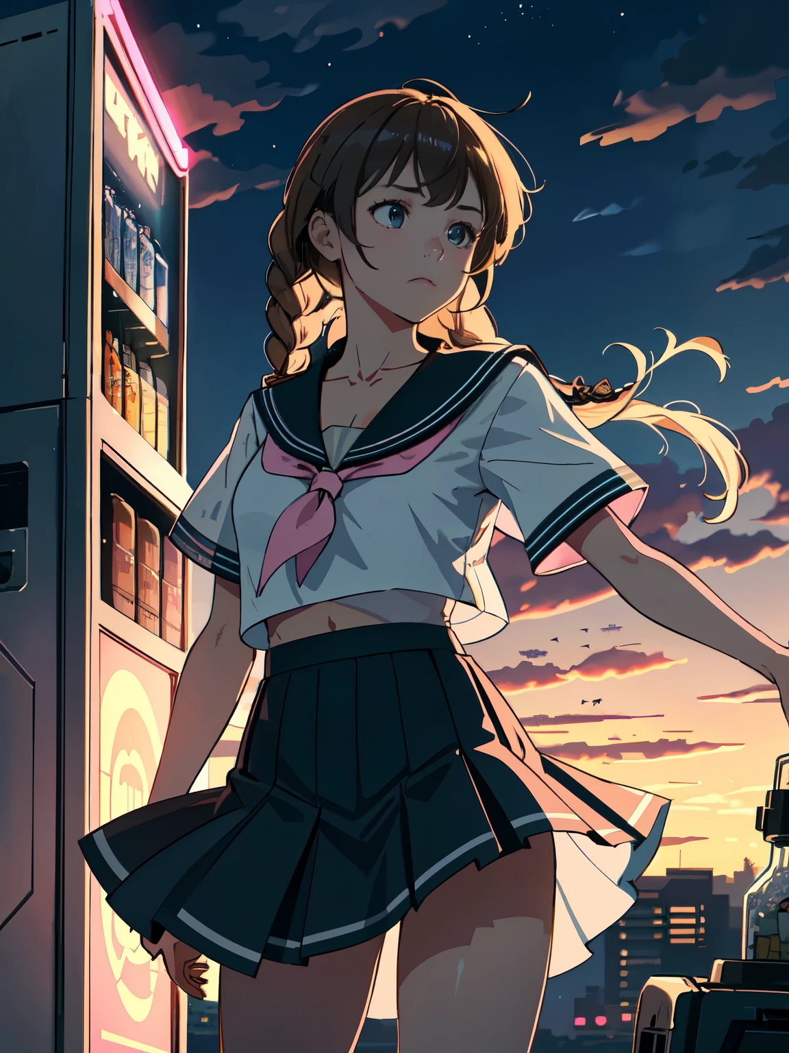 best quality, masterpiece, 1girl, solo, (silhouette lighting:1.2), light brown french braids hair with bangs, cowboy shot, cyberpunk style, summer sailor uniform, blue short skirt, hourglass figure, standing by vending machine, dusk, twilight, cleavage, (windy upskirt, wind blowing skirt:1.1), pink clouds