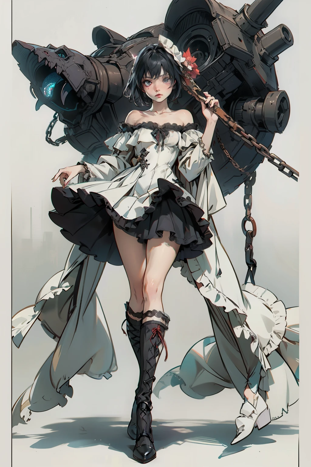 ((best quality)), ((masterpiece)), (detailed), 1girl, off-shoulder, blank white background, plain background, white background, red and white clothing, Bloodborne inspired, occult aesthetic, occult, detailed and intricate steampunk and detailed gothic, NSFW, Very dramatic and cinematic lighting, cosmic horror, grim-dark, side-lighting, perfect face, NSFW, Fluttering lace flared long knee length dress with frilly petticoats, knee length dress, pleated petticoats, ta dress, petticoats gothic lolicomplex lace boots, side-lighting, gothic lolita aetic, wielding a mighty sword with mechanical components, carbine, NSFW, beautiful small breasts, small breasts, full body, whole body, body, plain background, white background, blank background, no background, white background NSFW, chains, full body, whole body, head-to-toe NSFW