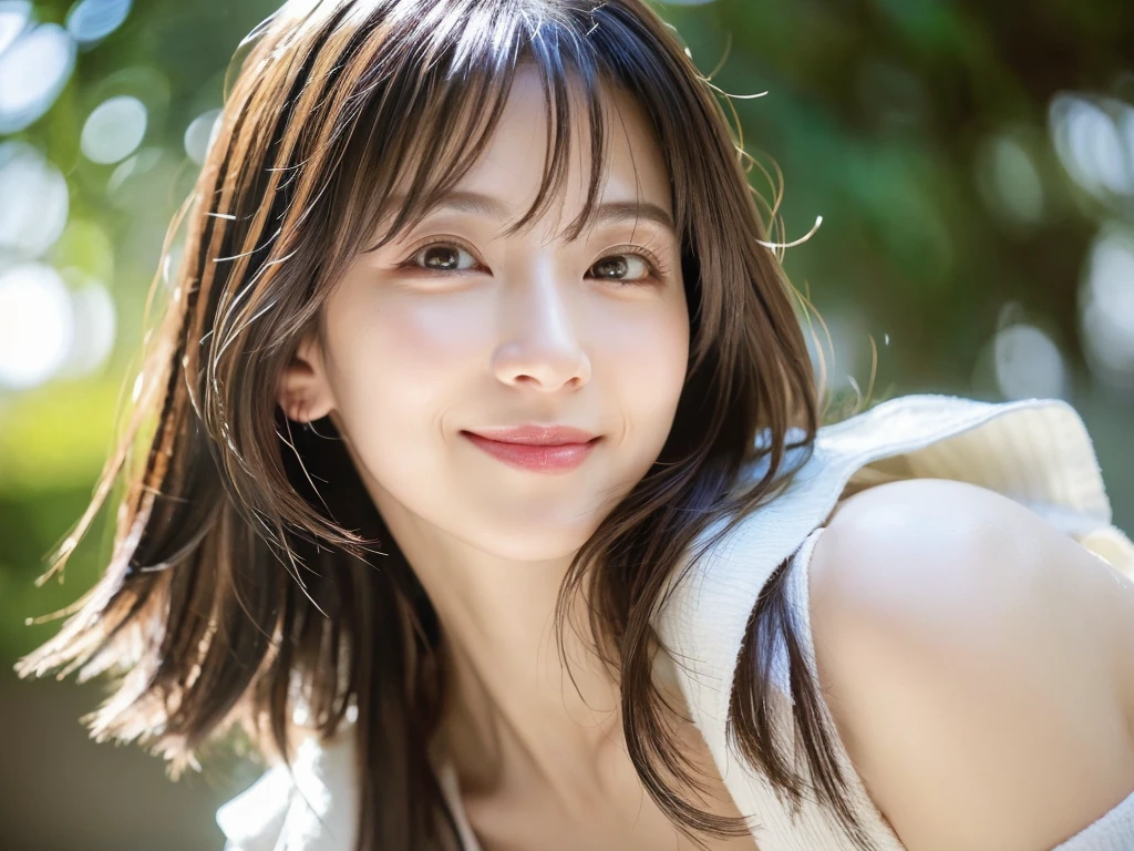 highest quality、8k Masterpiece、超A high resolution、(Photorealistic:1.3)、RAW Photos、1 girl、Silvery white hair、Glowing Skin、1. Super-beautiful Cyberpunk Soldiers、((Ultra-Realistic Details))、Portrait、Global Illumination、Shadow、Octane Rendering、8k、Super sharp、Beautiful breasts、Metal、Cold colors、、Very intricate details、Realistic Light、CGSoation Trend、Beautiful Eyes、Shining Eyes、To the camera、Spring sunlight、Refreshing、smile、Beautiful Skin、３６age、short hair