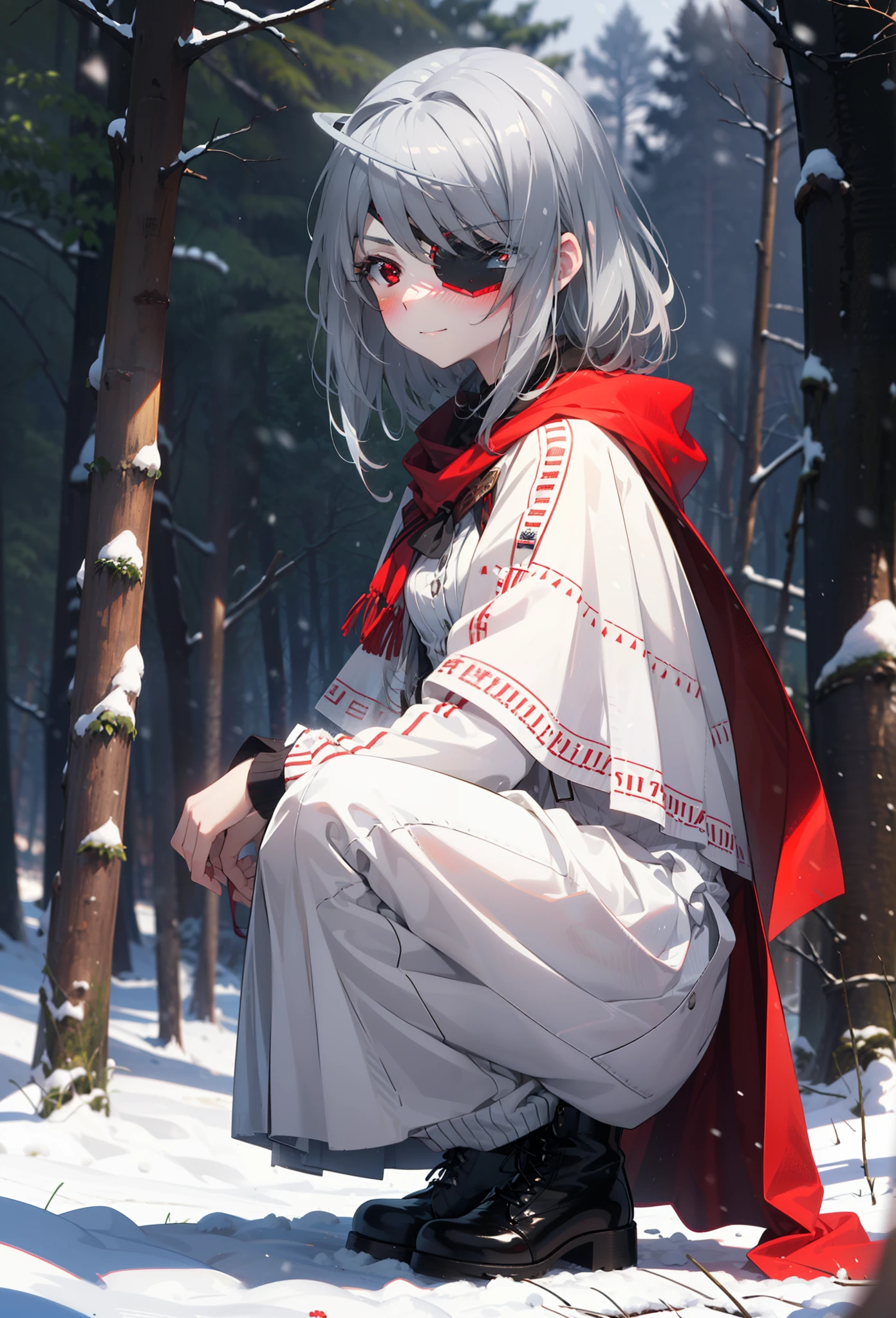 Laurabodewig, Laura Bodewig, Long Hair, (Red eyes:1.3), Grey Hair, Eye patch,smile,smile,blush,White Breath,
Open your mouth,snow,A bonfire on the ground,,Outdoor, boots, snowing, From the side, wood, suitcase, Cape, Blurred, , forest, White handbag, nature,  Squat, Mouth closed, Cape, winter, Written boundary depth, Black shoes, red Cape break looking at viewer, Upper Body, whole body, break Outdoor, forest, nature, break (masterpiece:1.2), highest quality, High resolution, unity 8k wallpaper, (shape:0.8), (Beautiful and beautiful eyes:1.6), Highly detailed face, Perfect lighting, Highly detailed CG, (Perfect hands, Perfect Anatomy),