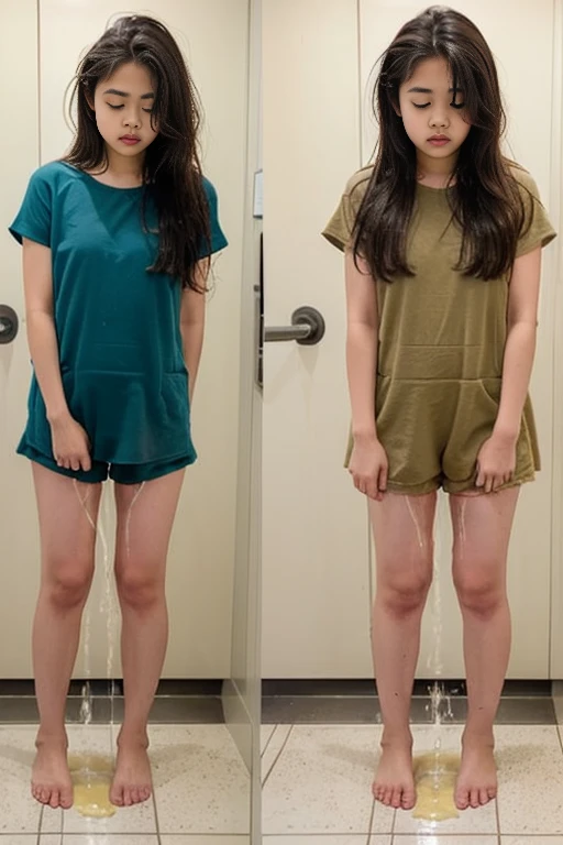A teen girl with Indonesia face, approximately 16 years old. The girl can be seen in the process of peeing. Standing. Wet patch. Incontinence (urination:1.5)
