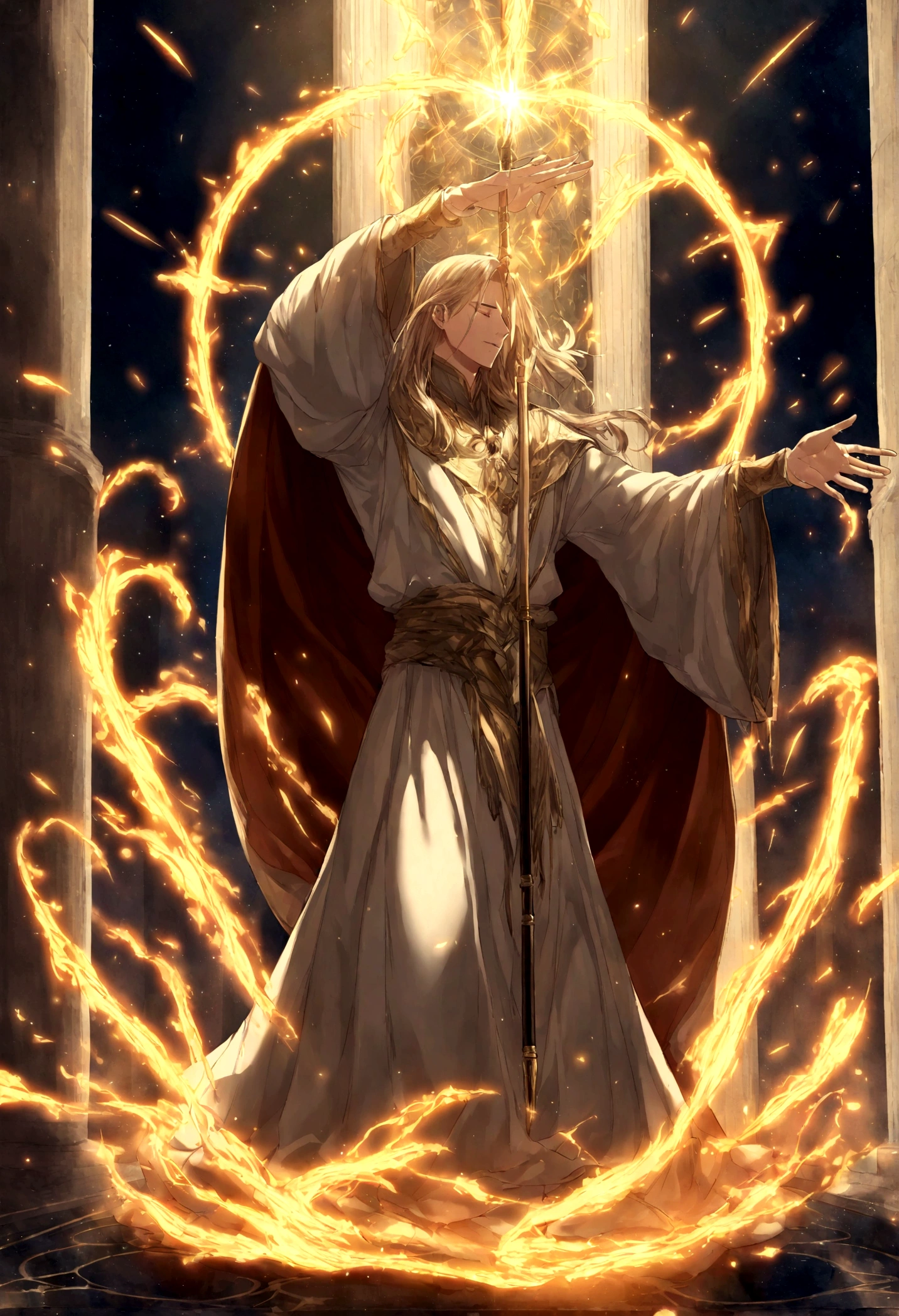 The magician is standing in a magic circle drawn on the floor, com runas brilhantes inscritas em volta dele. Your clothes are long and flowing, feitas de um tecido brilhante que parece estar vibrando com energia arcano. He raises one hand in the air, os dedos estendidos em gestos intricados, while the other hand holds a wooden staff carved with glittering gems. An aura of mystical light surrounds the wizard, irradiando de seu corpo em ondas pulsantes. your eyes are closed, but an intense light shines behind the eyelids, indicating the deep concentration with which he channels the magical power around him. Sparks of arcane energy dance around his hands and staff, forming complex patterns in the air. Ao fundo, the environment appears to distort under the influence of magic, as if the very fabric of reality is being manipulated by the wizard. This is the time when the wizard channels all his knowledge and skill to cast powerful spells., shaping the magical energy around you to your will.