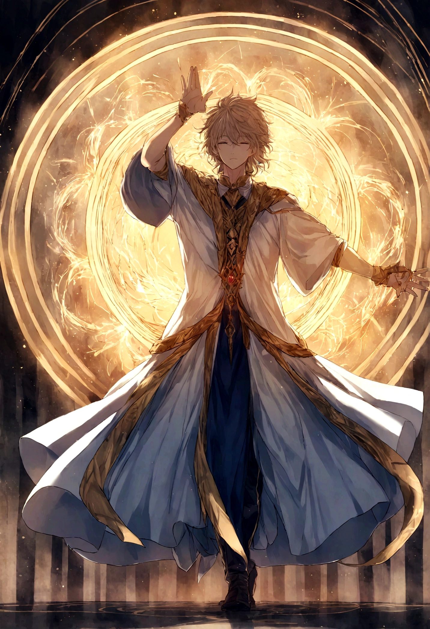 The magician is standing in a magic circle drawn on the floor, com runas brilhantes inscritas em volta dele. Your clothes are long and flowing, feitas de um tecido brilhante que parece estar vibrando com energia arcano. He raises one hand in the air, os dedos estendidos em gestos intricados, while the other hand holds a wooden staff carved with glittering gems. An aura of mystical light surrounds the wizard, irradiando de seu corpo em ondas pulsantes. your eyes are closed, but an intense light shines behind the eyelids, indicating the deep concentration with which he channels the magical power around him. Sparks of arcane energy dance around his hands and staff, forming complex patterns in the air. Ao fundo, the environment appears to distort under the influence of magic, as if the very fabric of reality is being manipulated by the wizard. This is the time when the wizard channels all his knowledge and skill to cast powerful spells., shaping the magical energy around you to your will.