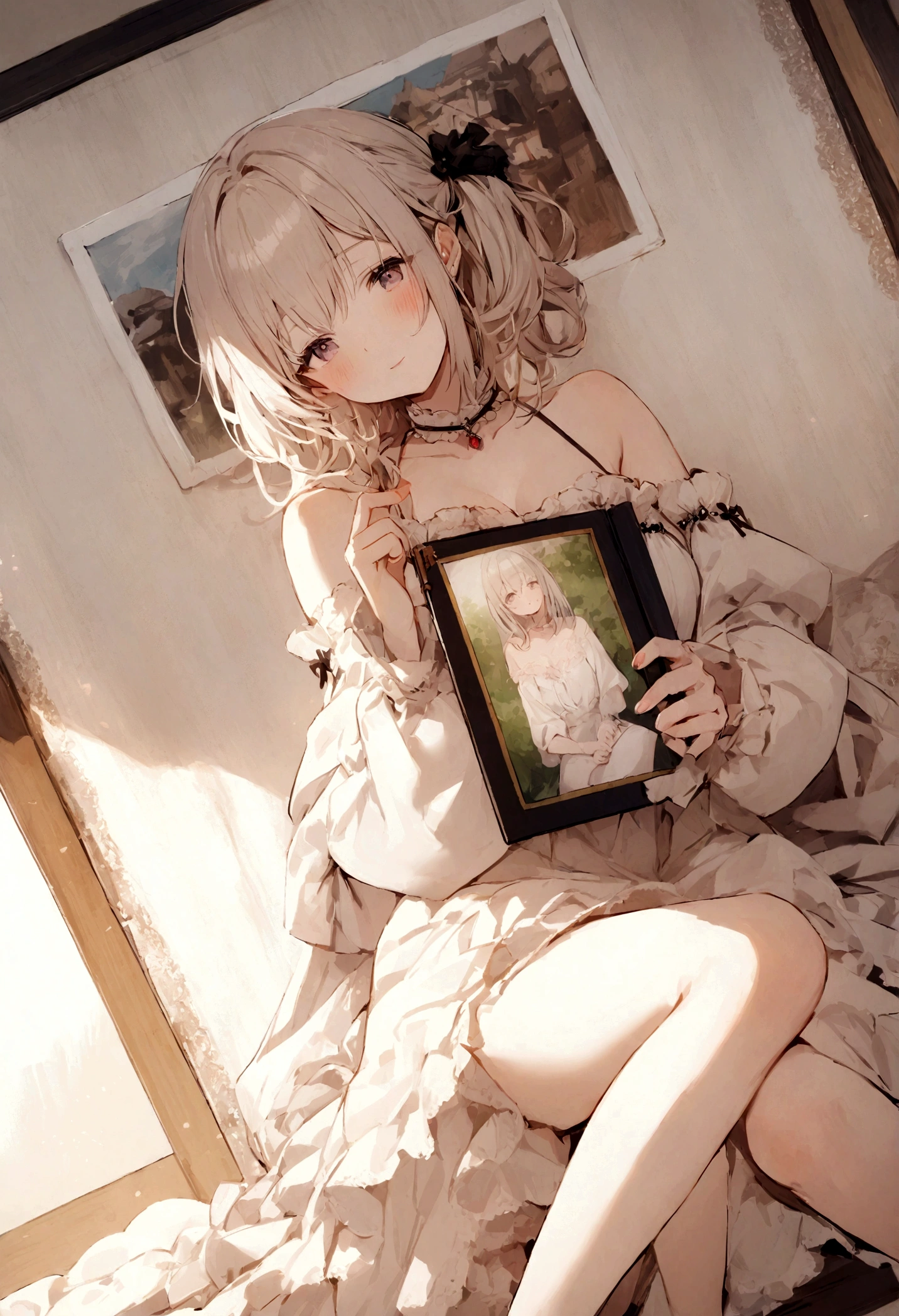 young woman sitting on her back looking at a souvenir photo album