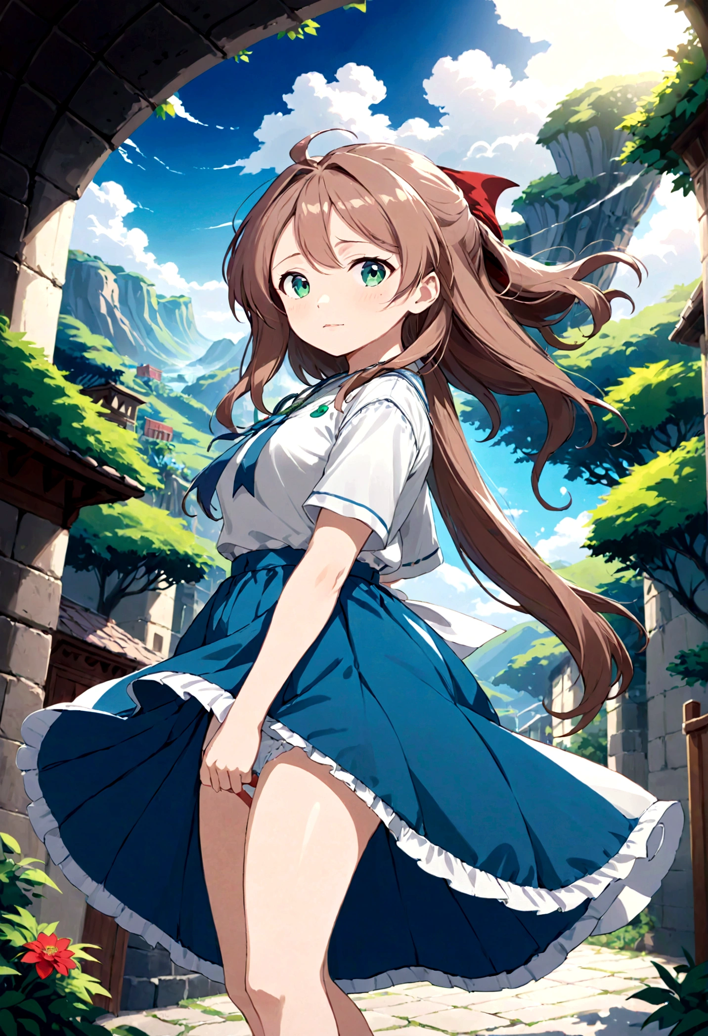 Yuuki Asuna low angle、Long skirt、Hold down your skirt that is being blown up by the strong wind、The strong wind is showing her white cotton panties、
