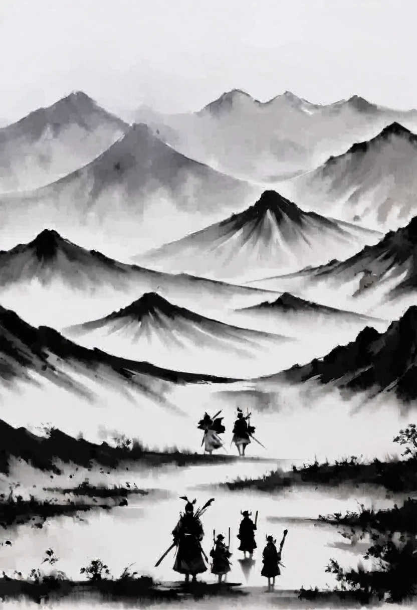 (Lots of white space:1.5),The great blank, White background, simple, Minimalism, abstract,Freehand,Aesthetic,black and white,Ink Painting,antiquity,Mountain,People in the distance