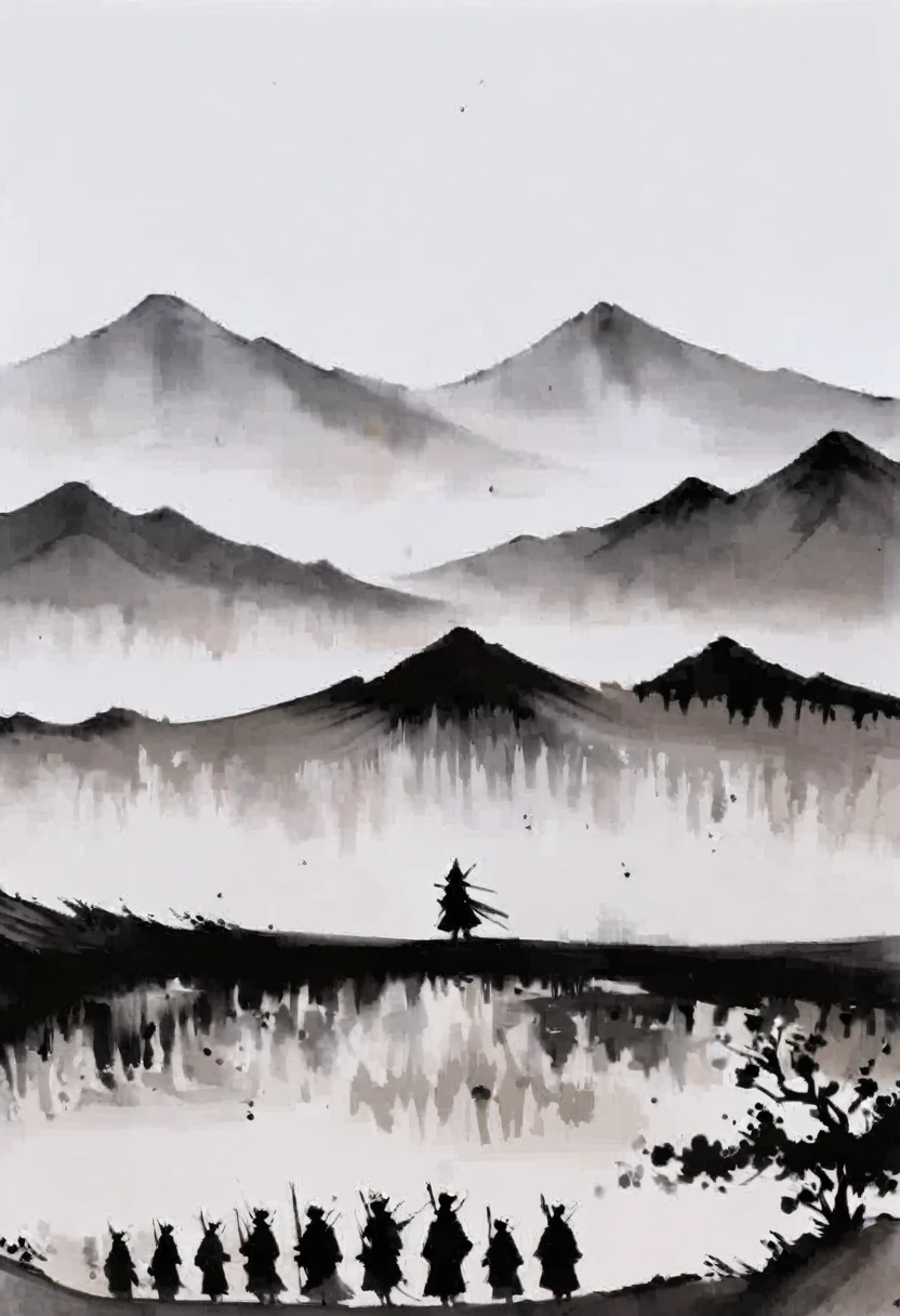 (Lots of white space:1.5)，The great blank, White background, simple, Minimalism, abstract,Freehand，Aesthetic，black and white，Ink Painting，antiquity，Mountain，People in the distance