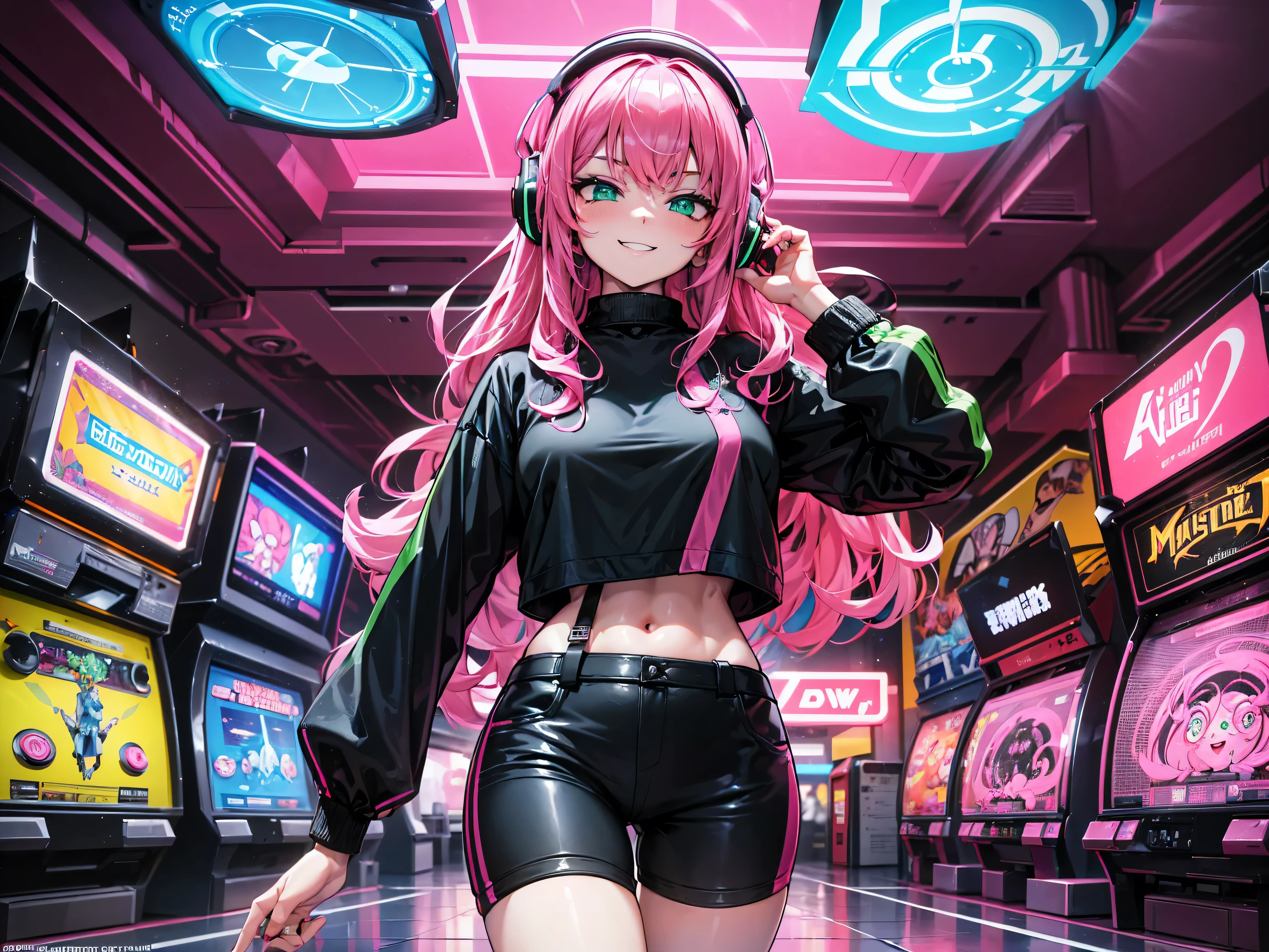 masterpiece:1.4, 1girl ((20year old, dressed in long sleeve shirt, tight black shorts, sneakers, medium breasts, multicolor pink hair, curly long hair, perfect model body, green eyes:1.4, Wearing headphones, looking up, happy, smiling, flirting, inside an arcade, arcade machines, neon lighting and colorful, futuristic club, futuristic and exciting atmosphere)) ((solo))