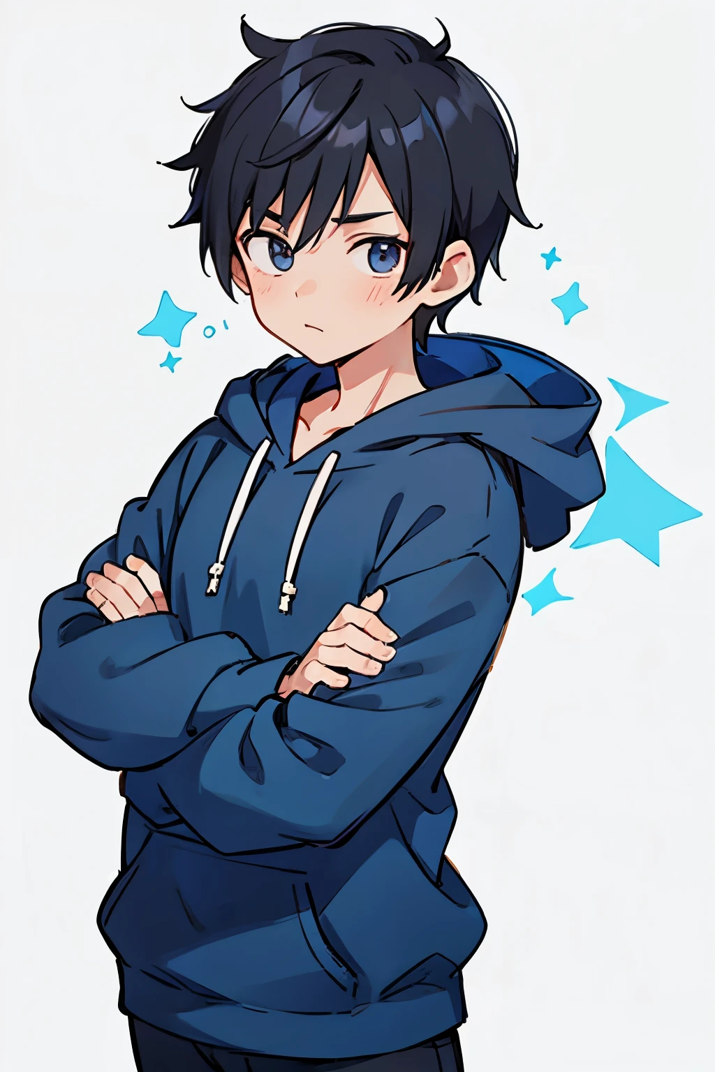 Anime male with short black hair with blue hoodie
