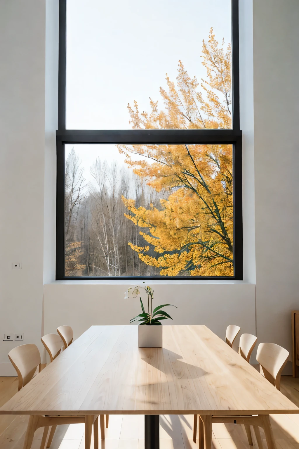 Architecture photography, Open-concept living space, flowers on a modern dining table, large windows with natural light, minimalist furniture, clean lines, neutral color palette, cozy atmosphere, detailed textures, contemporary style, Sony A7R IV, 16-35mm lens, f/8, Shutter Speed 1/125s, Exposure -0.3 EV, ISO 200