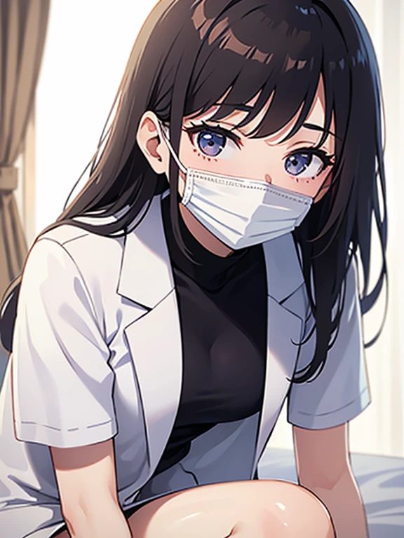 1woman, solo, nurse, nurse cap, white wear, ((white legwear, zettai ryouiki)), white gloves, long hair, purple hair, red eyes, ((white surgical mask, covered nose)), standing, ((hospital room)), sharp outline, short sleeves, mature female, 35 years old, best quality, masterpiece