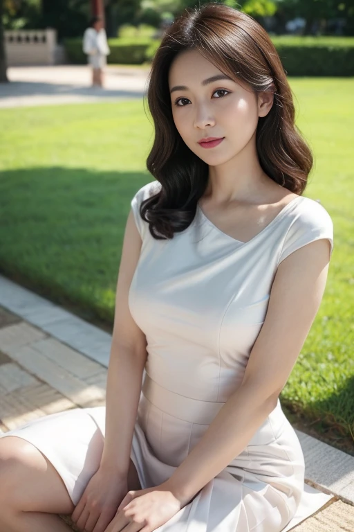 in the park，40 years old adult、Japanese woman、Low-cut、Sexy, Big breasts,delicate skin、masterpiece、Beautiful breasts、high quality、Super beautiful、face hd、The makeup is very light、Glowing and beautiful skin、The beauty of transparency、Reality、Looking at the camera、Skin Whitening、Full body shape、tight skirt、