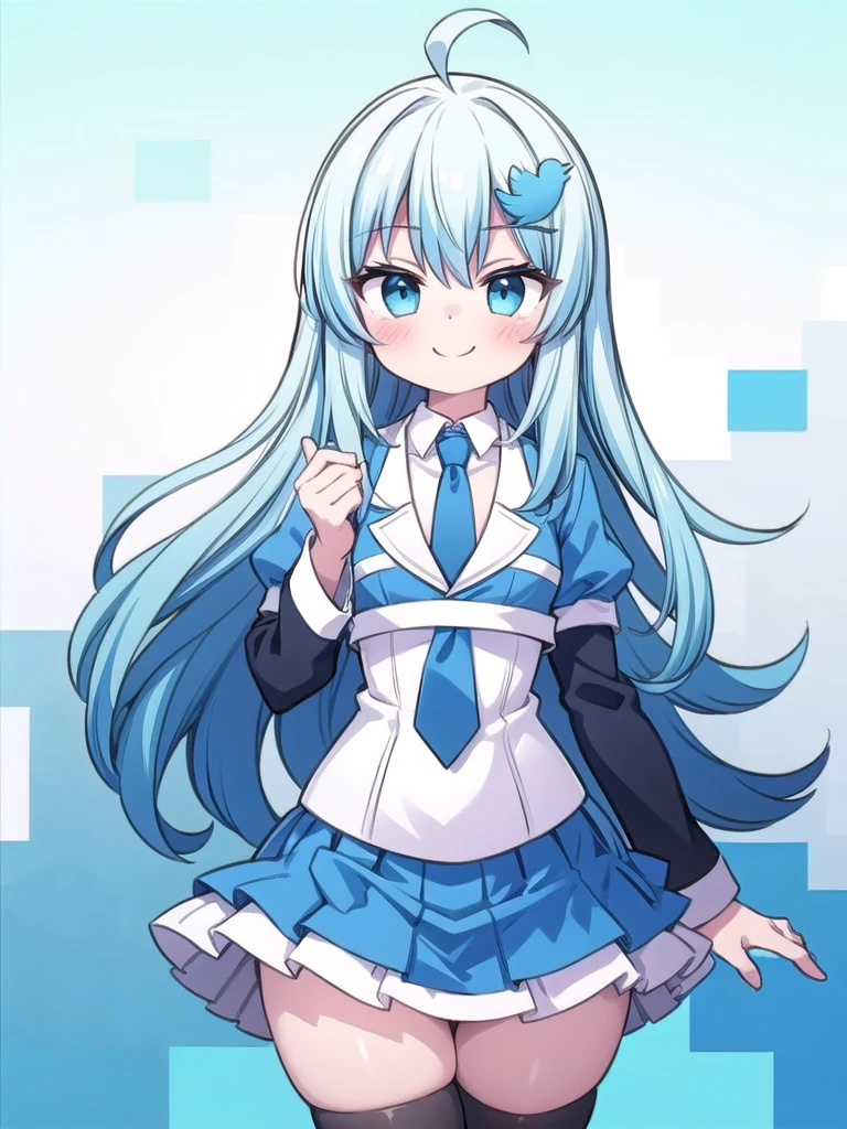 1girl, masterpiece, best quality, perfect hands, twitter-chan, hair ornament, white shirt, black long-sleeve shirt, layered sleeves, blue necktie, necktie, blue skirt, black thighhighs, smile, ahoge, light blue hair, long hair, pleated dress, collared shirt, blush