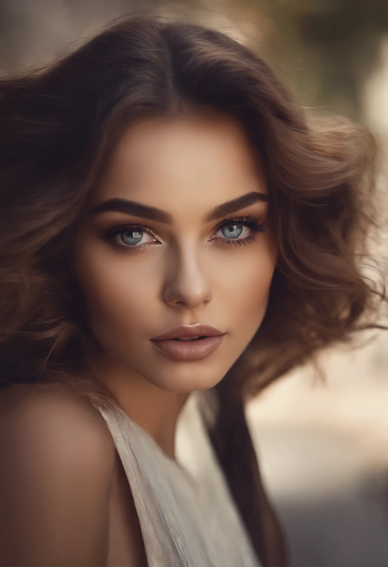 fille aux yeux marrons, ultra realistic, Meticulously detailed, Portrait de Sophie Mudd, cheveux bruns et grands yeux, view complete du corps d'une jeune femme, Yeux de chambre, violette myers, avec du maquillage, maquillage naturel, regarder directement la caméra, visage avec artgram, superbe corps entier sur la place de New York