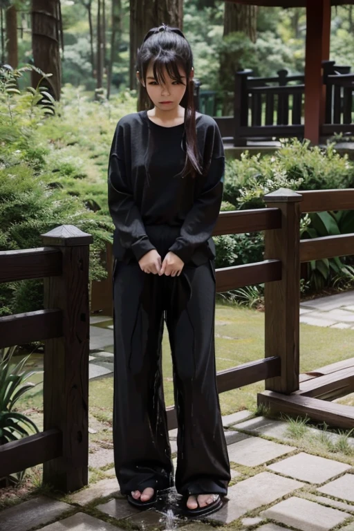 Japanese Girl sees the ghost and pees her black palazzo pants until her pants are wet in fright.