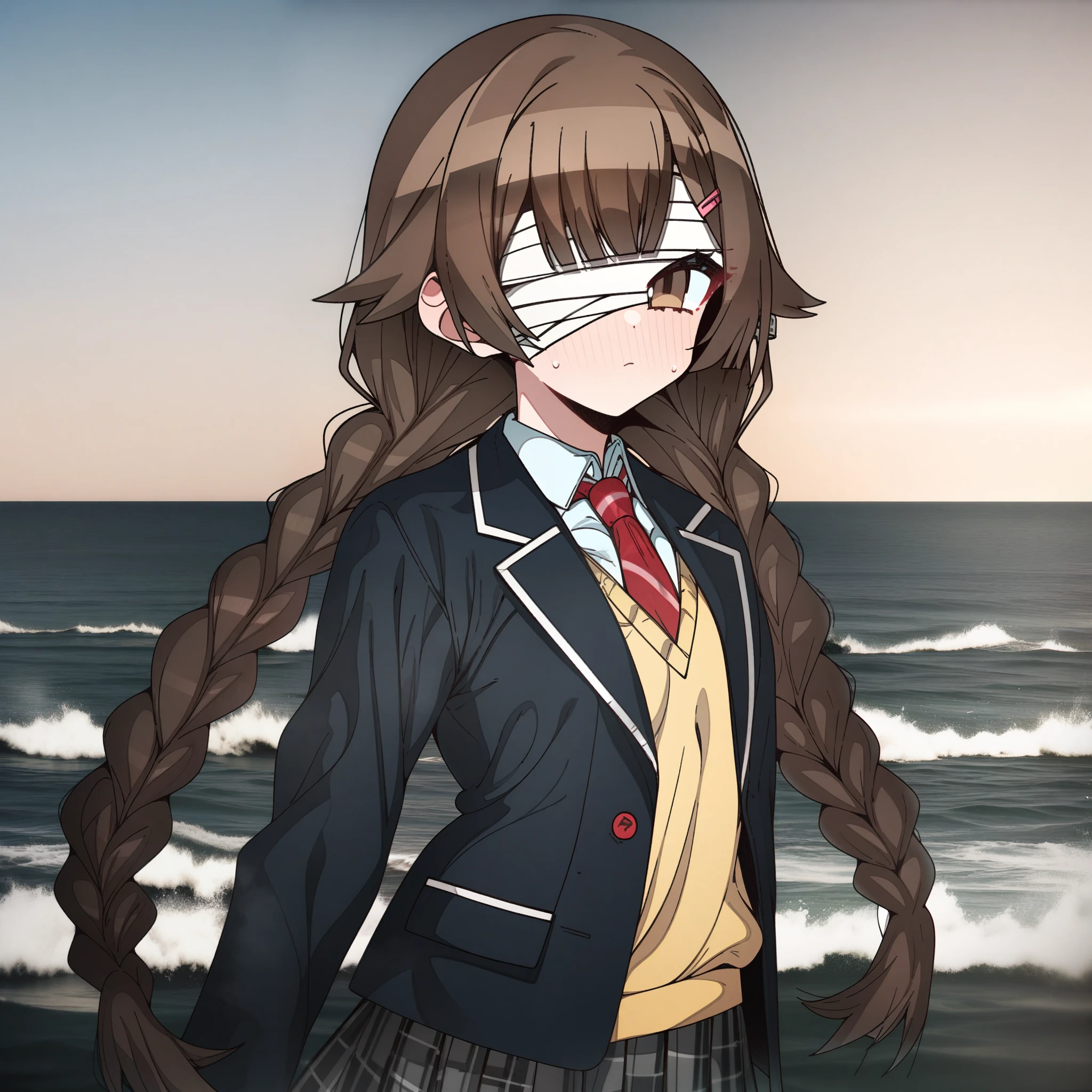 hoshino_(blue_archive) with brown hair and brown eyes, Artist, erere, Copyrights, idolmaster, idolmaster_shiny_colors, Character, General, 1girl, brown_hair, blunt_bangs, blush, medium_breasts, breasts, detailed eyelashes, beautiful girl:1, brown_eyes, censored, school_uniform, pleated skirt:1.2, blazer, hair_clip, twin_braids, red tie, medium shot photography:1.1, standing in middle:1.1, sea, sky:1.5, half-closed_eyes, detailed, outdoors, looking_at_viewer, masterpiece, best_quality, great_quality, girl, solo, center_composition, centered character, cute, (bandages_over_one_eye, bandages, bandaged_head),