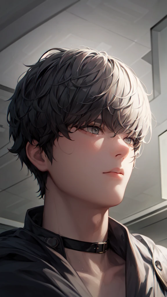 a highly detailed, photorealistic portrait of a young nobleman with short black hair and grey eyes, (4k), anime nobleman attire, looking away from the camera, (Masterpiece), (realistic skin texture), extremely detailed, intricate, hyper detailed, high resolution, professional photography, bokeh, depth of field, sharp detail, best quality, 1boy, solo, male half body focus, alba_synduality_noir