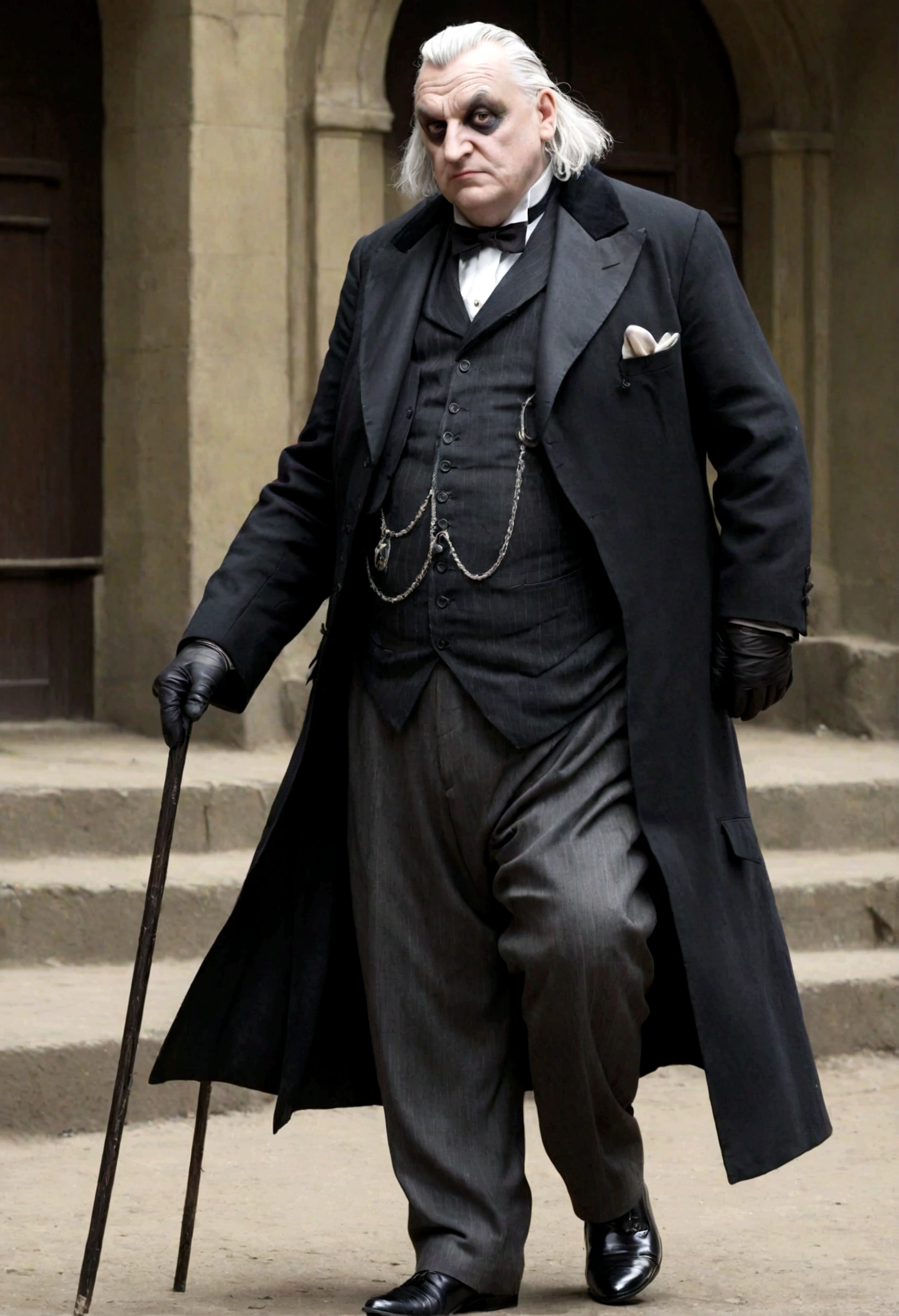 Lord Theodore Cobblepot, in his mid-sixties, is a short and stout man. Known by the nickname "Penguin" due to his hunched posture and waddling gait, his white hair, pointed nose, and thin lips give him a cunning and sly appearance. His eyes, sharp and piercing like those of a predatory bird, add to his menacing demeanor. He typically wears dark, expensive suits made from fine fabrics. His elegant cane and silver-embellished ring symbolize his wealth and status.