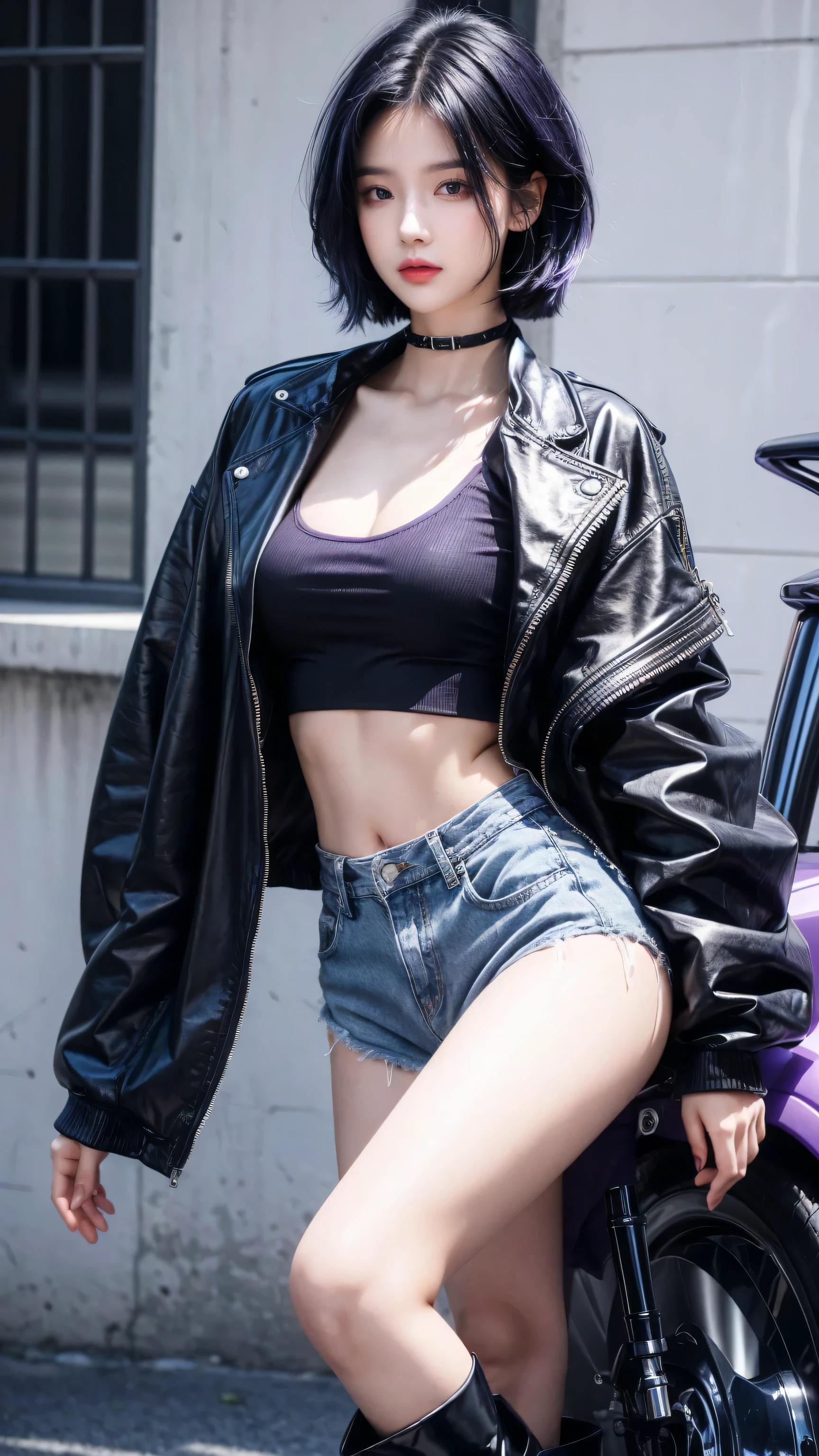 Angle from the front、smile、Cowboy Shot、Ripped print T-shirt、City of night、((Emoガール))、((Emo))、bad woman、Black with short shaggy hair、Gradient Hair、(Black double rider jacket)、((Black and gray plaid miniskirt))、Big Breasts、In the background is the High Sokotl Cycle)))、ふhighest quality,(RAW Photos:1.2)、(Realistic:1.4),(High resolution:1.4), 1 girl, Written boundary depth,, Exquisitely crafted,8k, Very detailed, Perfect lighting, Spectacular backdrop、((Delicate painting))，(女の子の詳細なRAW Photos),(highest quality:1.6), (超High resolution:1.5), (Realistic:1.75), 8k resolution, Canon EOS R5, 50mm,  Very detailed,Cinema Lighting,Correct finger、(I can see very small white panties)