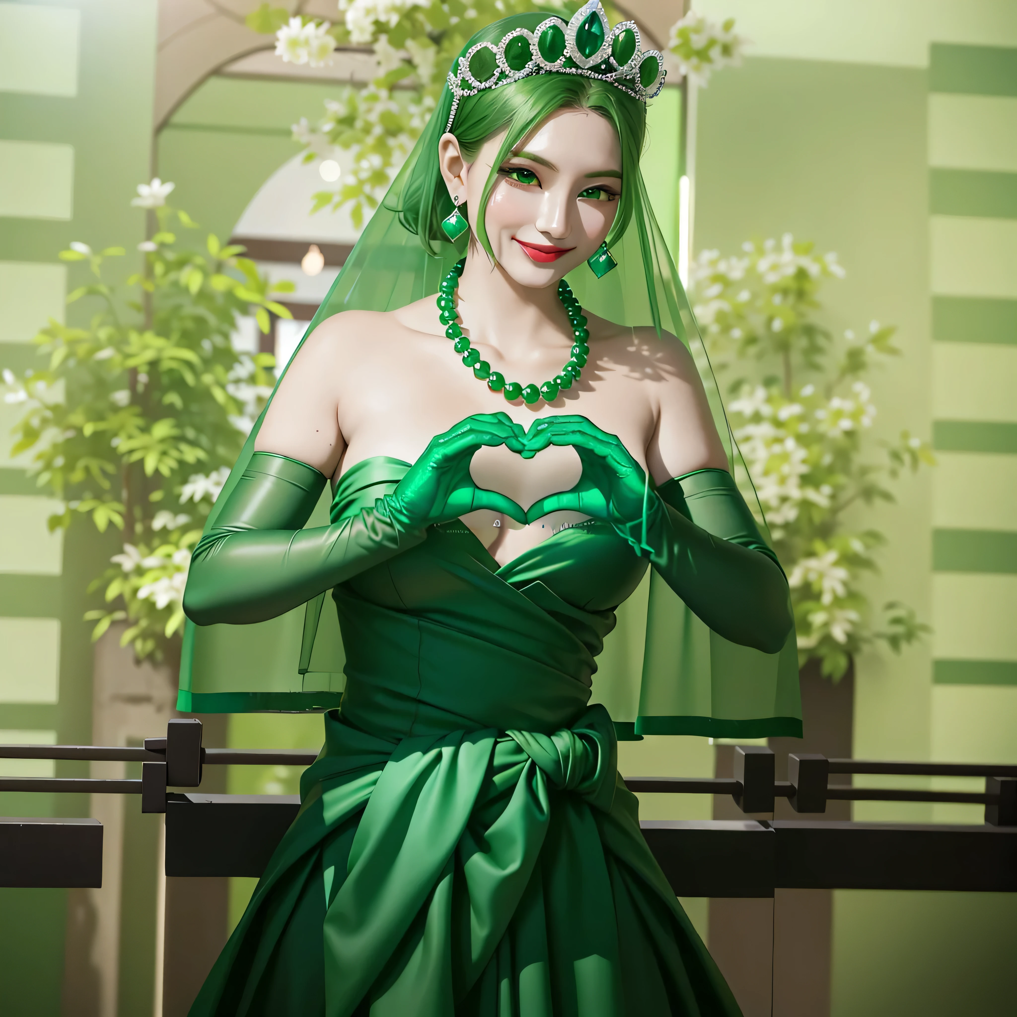 Emerald tiara, Green Pearl Necklace, Boyish very short green hair, Green Lips, Smiling Japanese woman, Very short hair, Busty beautiful lady, Green Eyes, Green satin long gloves, Green Eyes, Emerald Earrings, Green Veil, Heart with both hands, Green Hair, Beautiful Japanese Woman, Heart shaped hands:1.3, green lip gloss